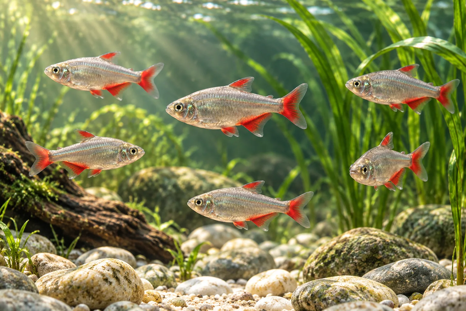 Bloodfin tetras with silver bodies and red fins swimming over pale cobbles in an open aquarium