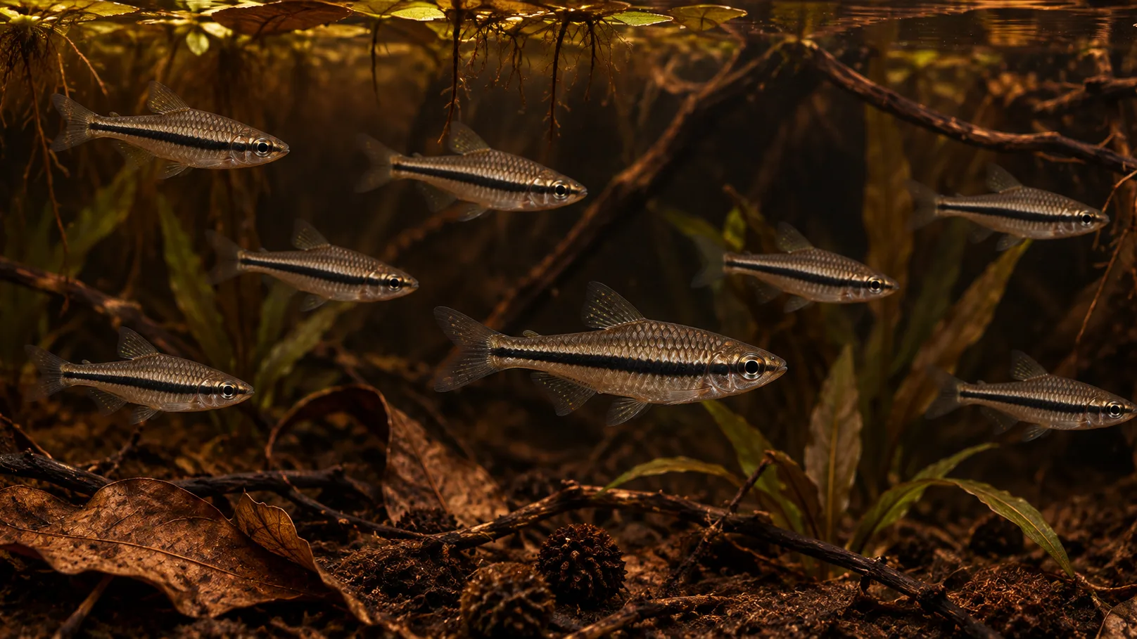 A school of brilliant rasboras in a peat-swamp-inspired aquarium
