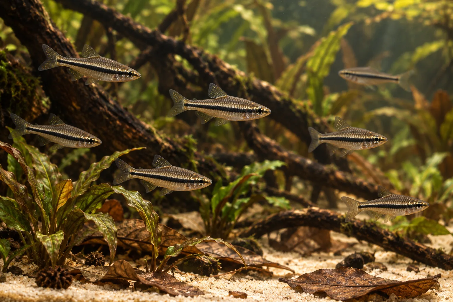 Brilliant rasboras with slender silver bodies and dark lateral stripes in a sand-bottomed stream aquarium