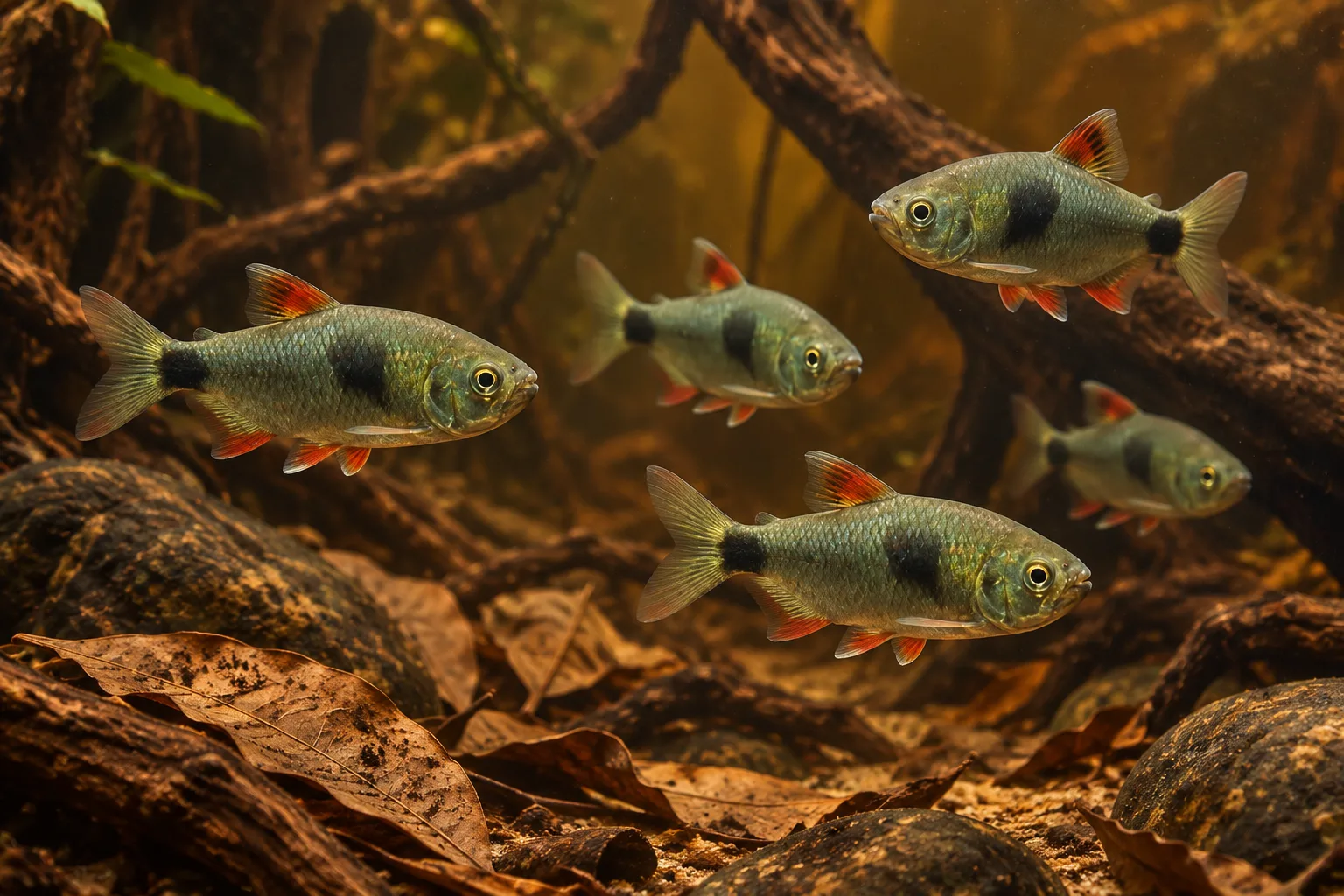 Bucktooth tetras with silver-gold bodies, dark flank marks and red fins in a tannin-stained aquarium