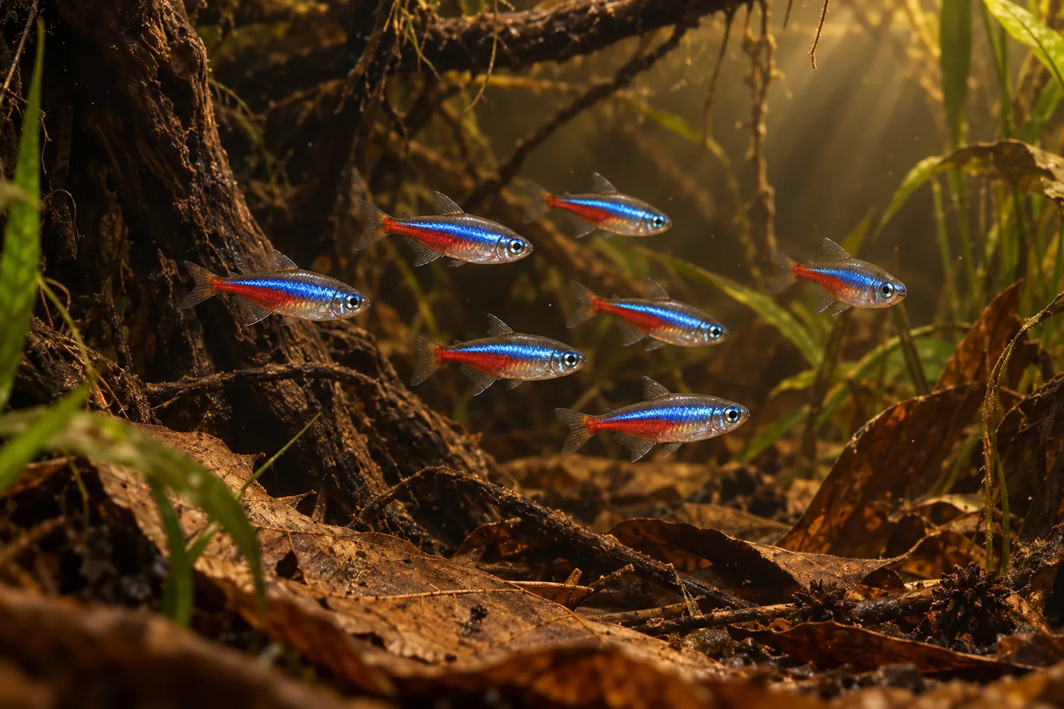 Cardinal tetras showing blue lateral stripes and red lower bodies in a blackwater aquarium