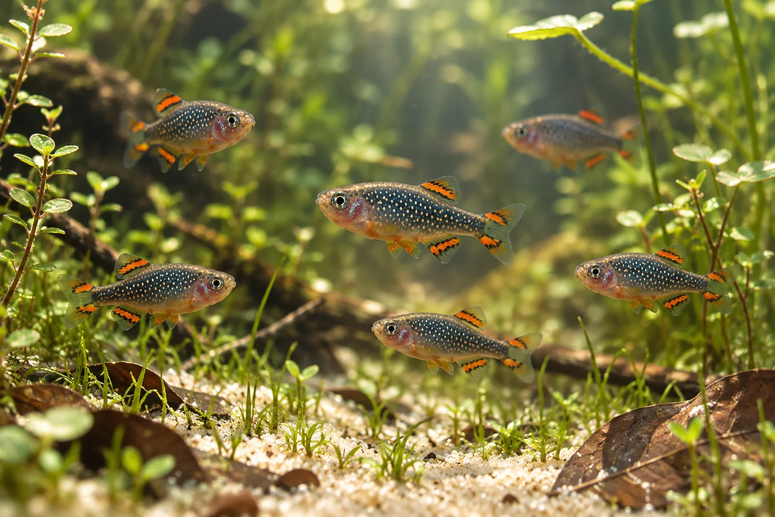 Celestial pearl danios with spotted blue bodies and patterned red fins among fine plants