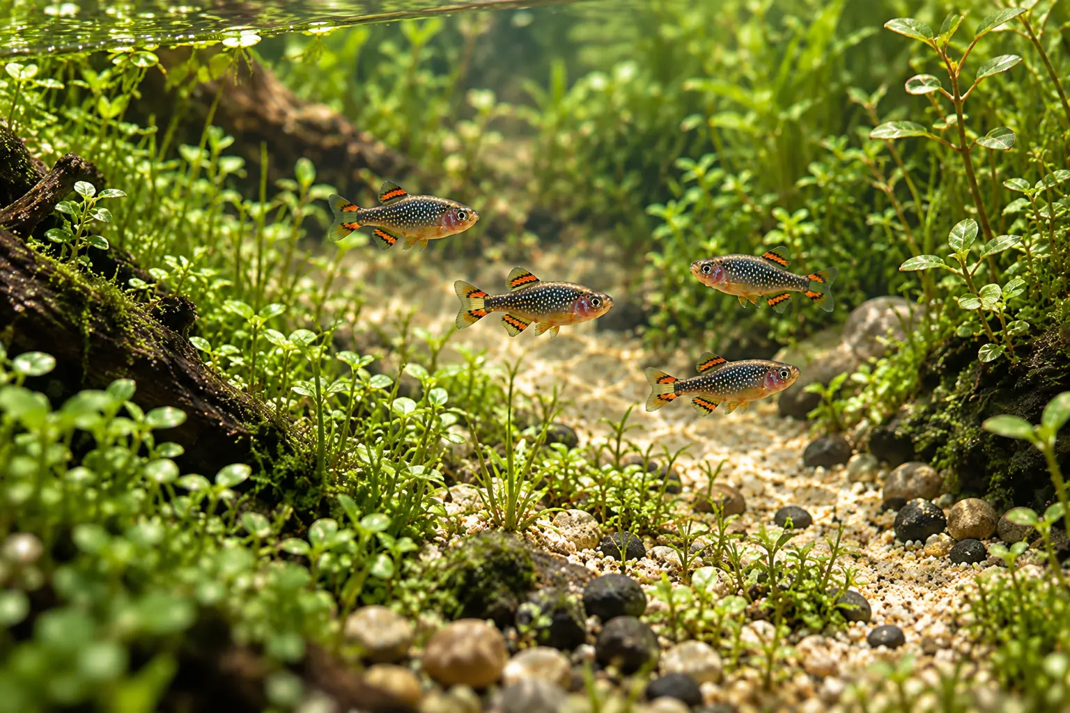 Tiny celestial pearl danios moving through a broad shallow planted aquarium with small leaves and pebbles