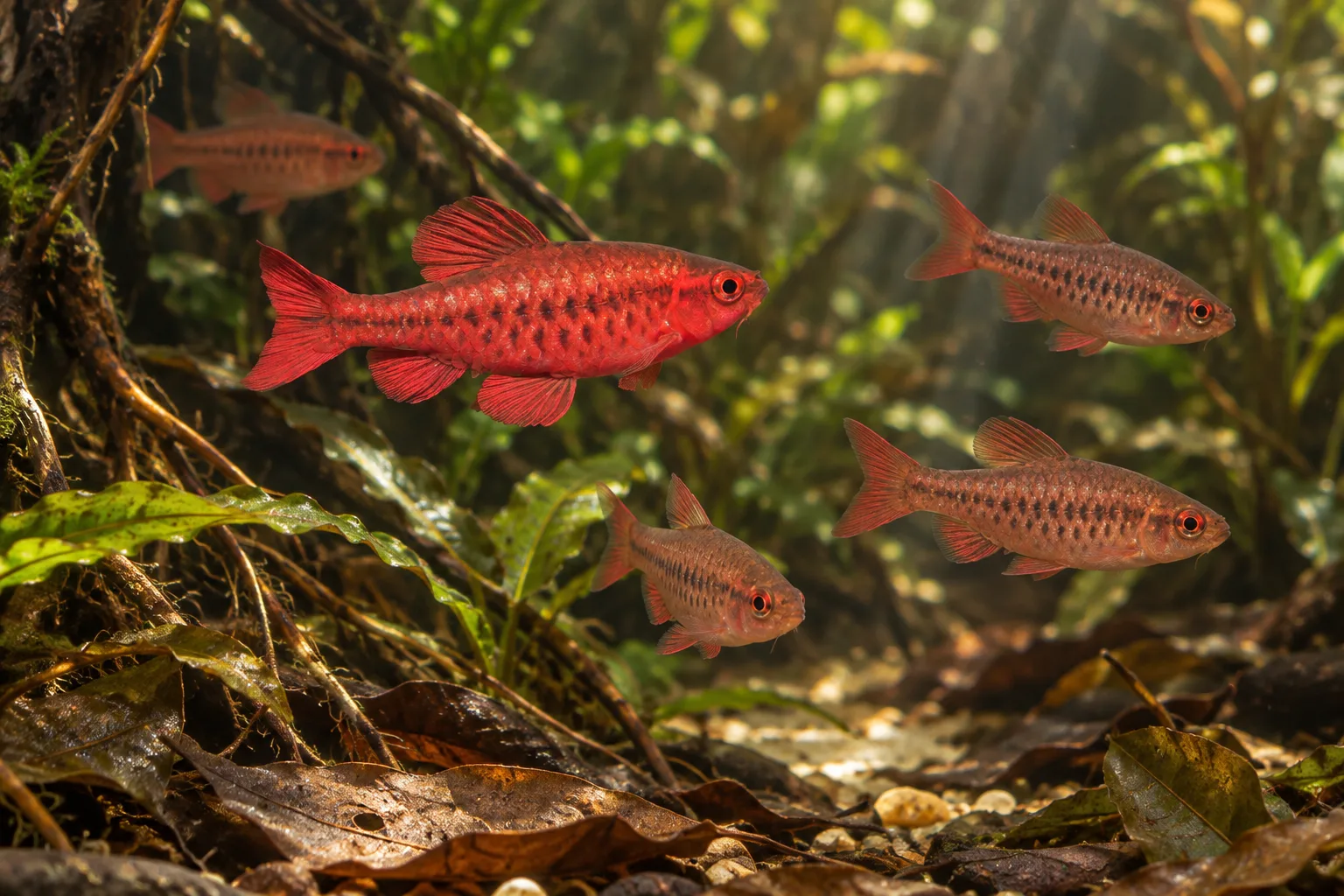 Red and brown-red cherry barbs swimming above leaf litter in a shaded planted aquarium