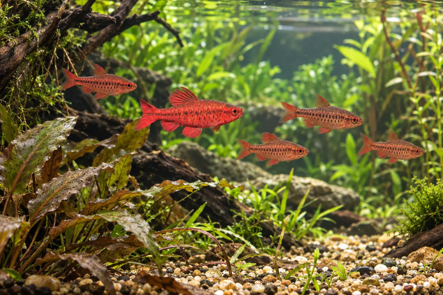 Mixed group of cherry barbs crossing an open swimming lane in a planted aquarium