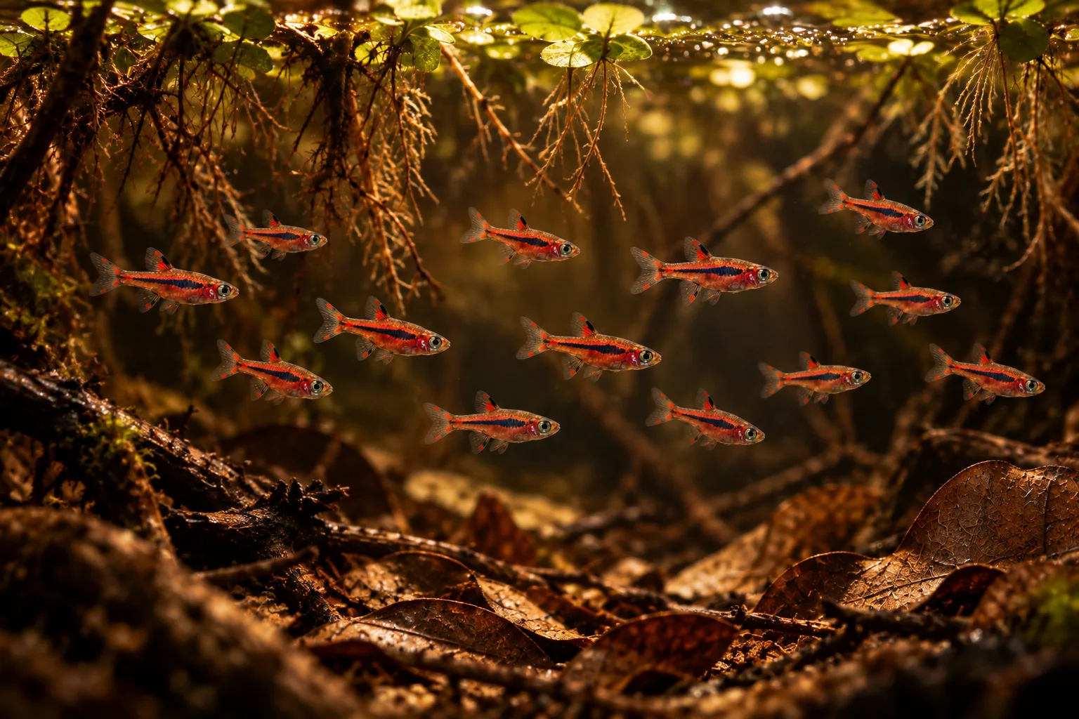 Group of chili rasboras distributed across sheltered open water in a blackwater aquarium