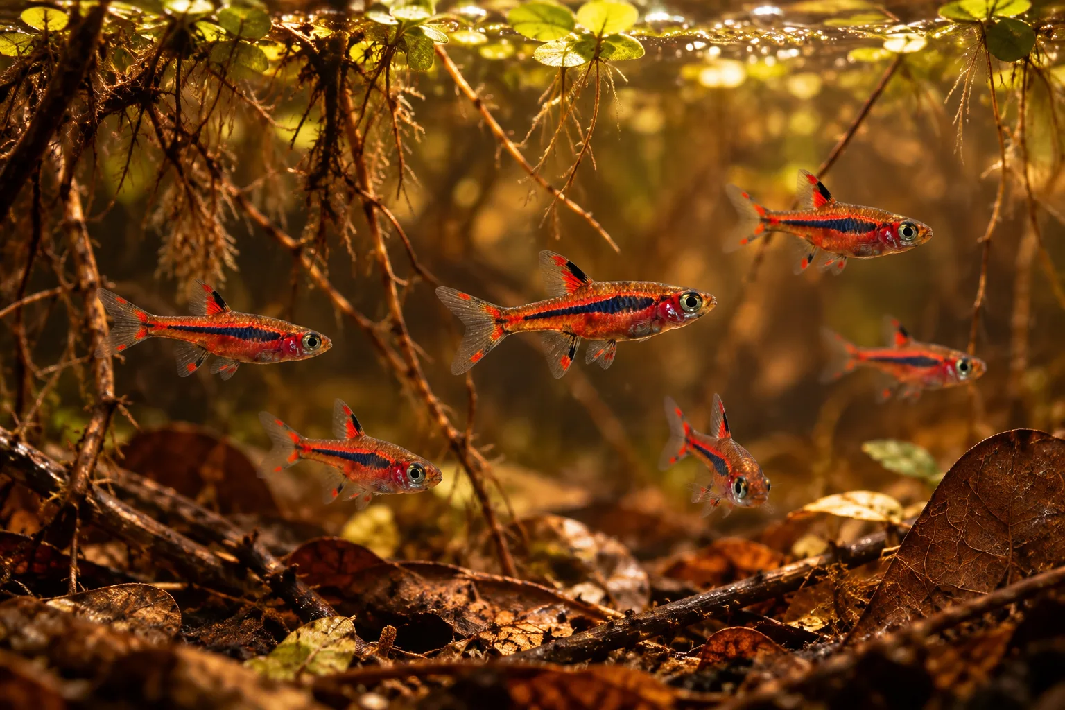 Tiny red chili rasboras swimming among fine roots and small leaves in amber water