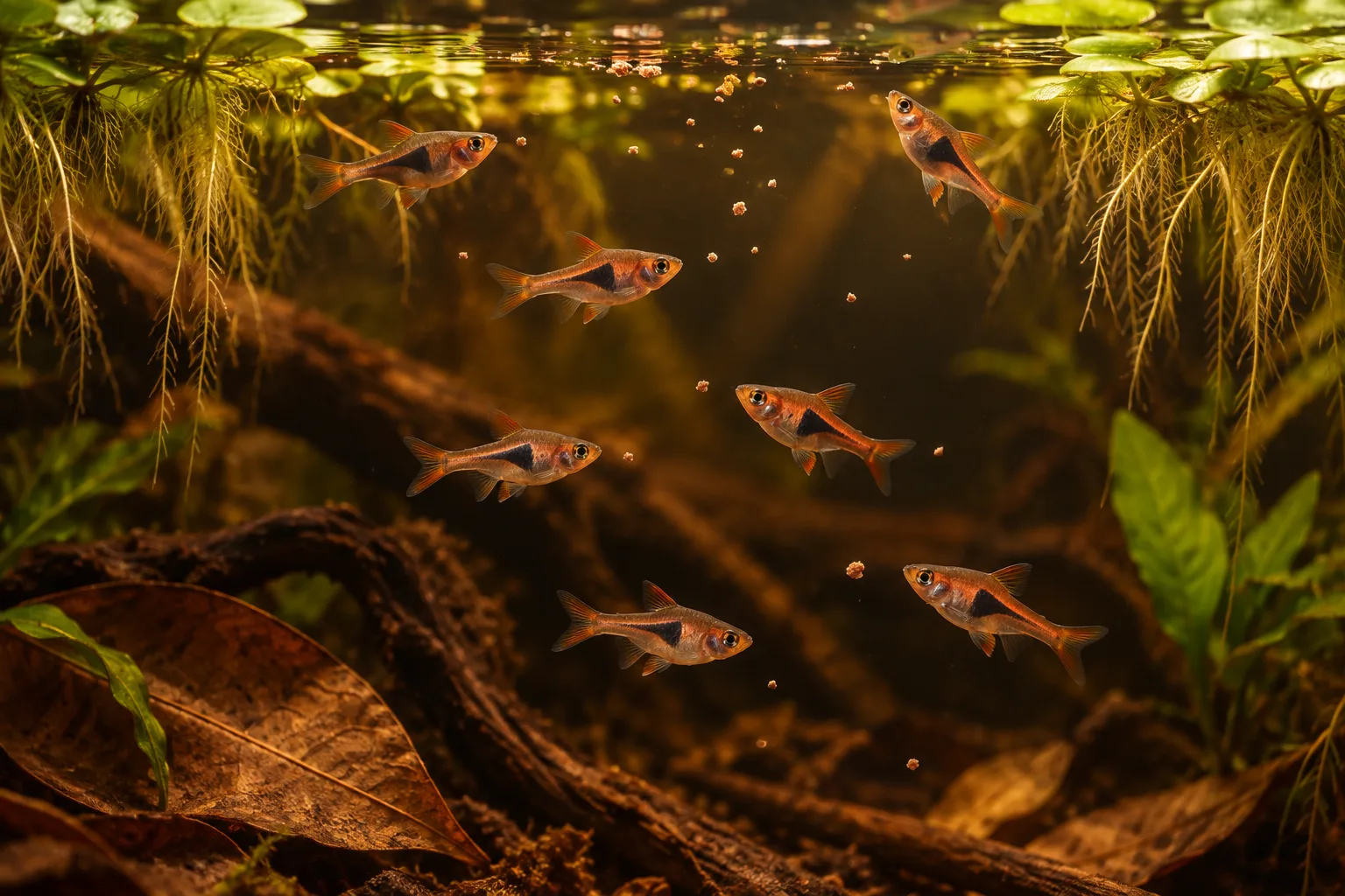 Clown rasboras feeding on small foods across the surface and midwater of a blackwater aquarium