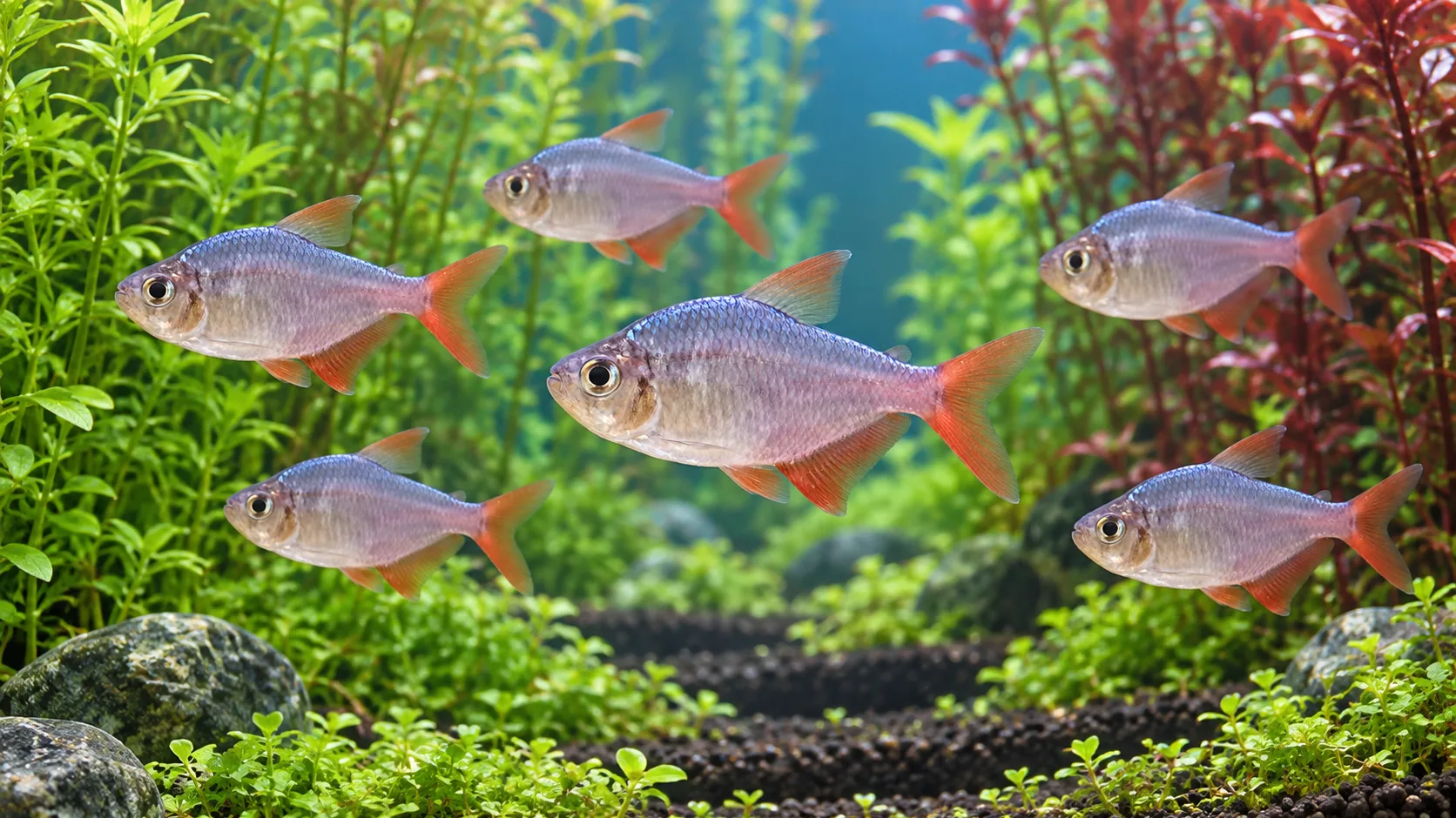 A school of Colombian tetras in a bright tall-stem aquascape