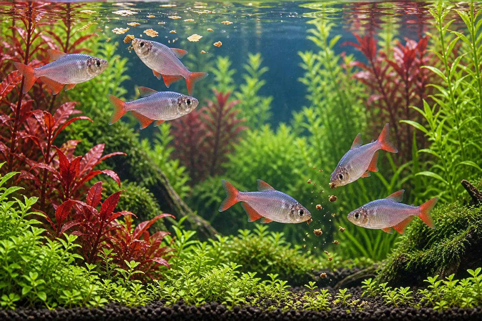 Colombian tetras feeding from two separated food zones in a planted aquarium