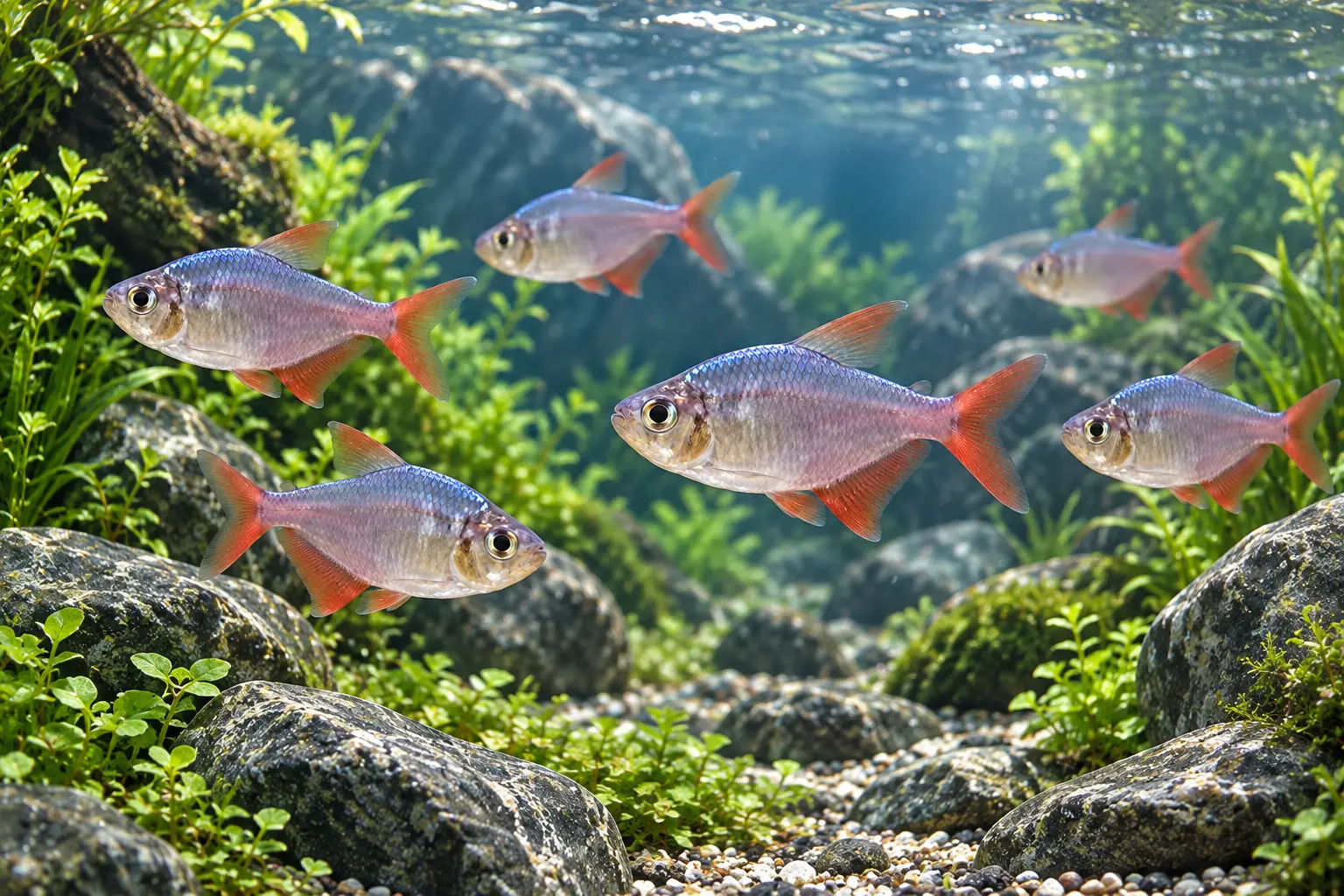 Deep-bodied Colombian tetras with blue-silver flanks and red fins in a rocky stream aquarium