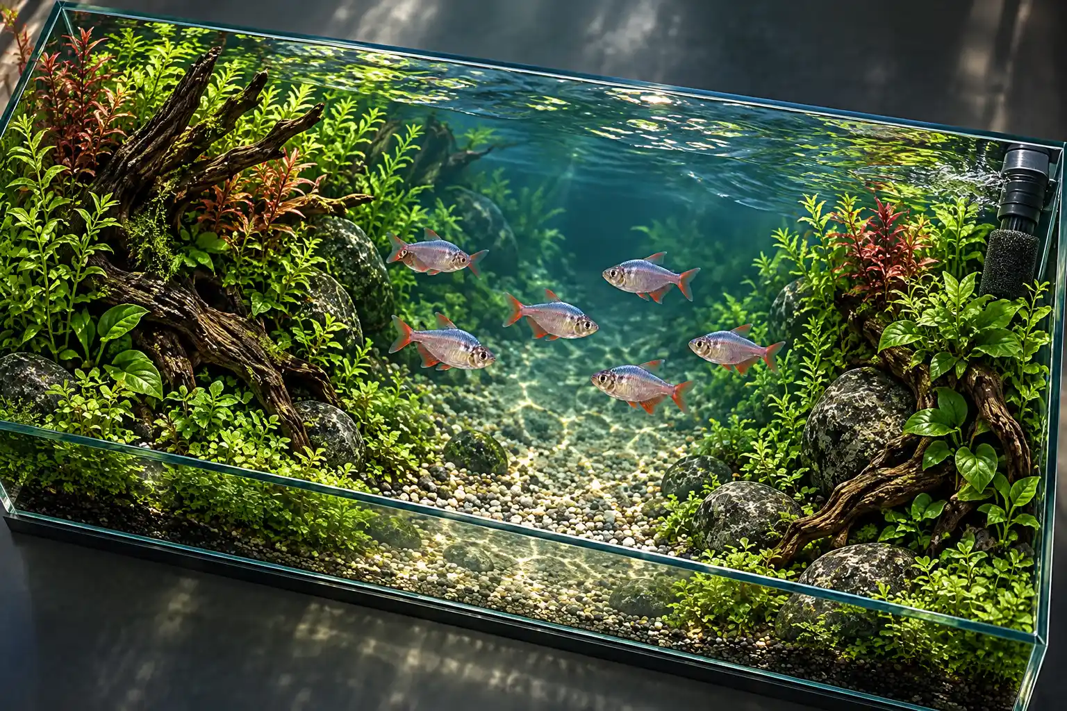 Oblique raster layout of a long Colombian tetra aquarium with an open central lane and planted refuge zones