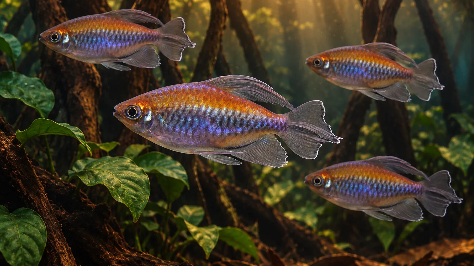 Adult male Congo tetras in a tannin-stained root and Anubias aquarium