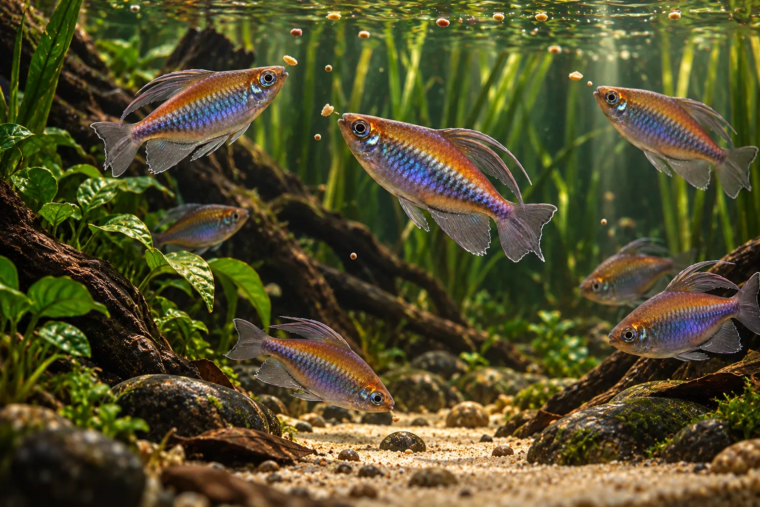 Congo tetras feeding across a wide surface and midwater area beside tall plants