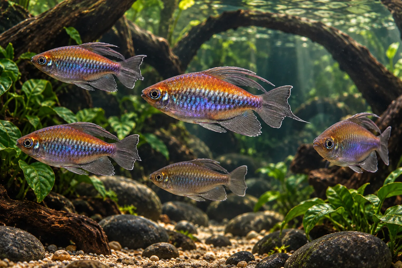 Male and female Congo tetras swimming through a broad river-style aquarium