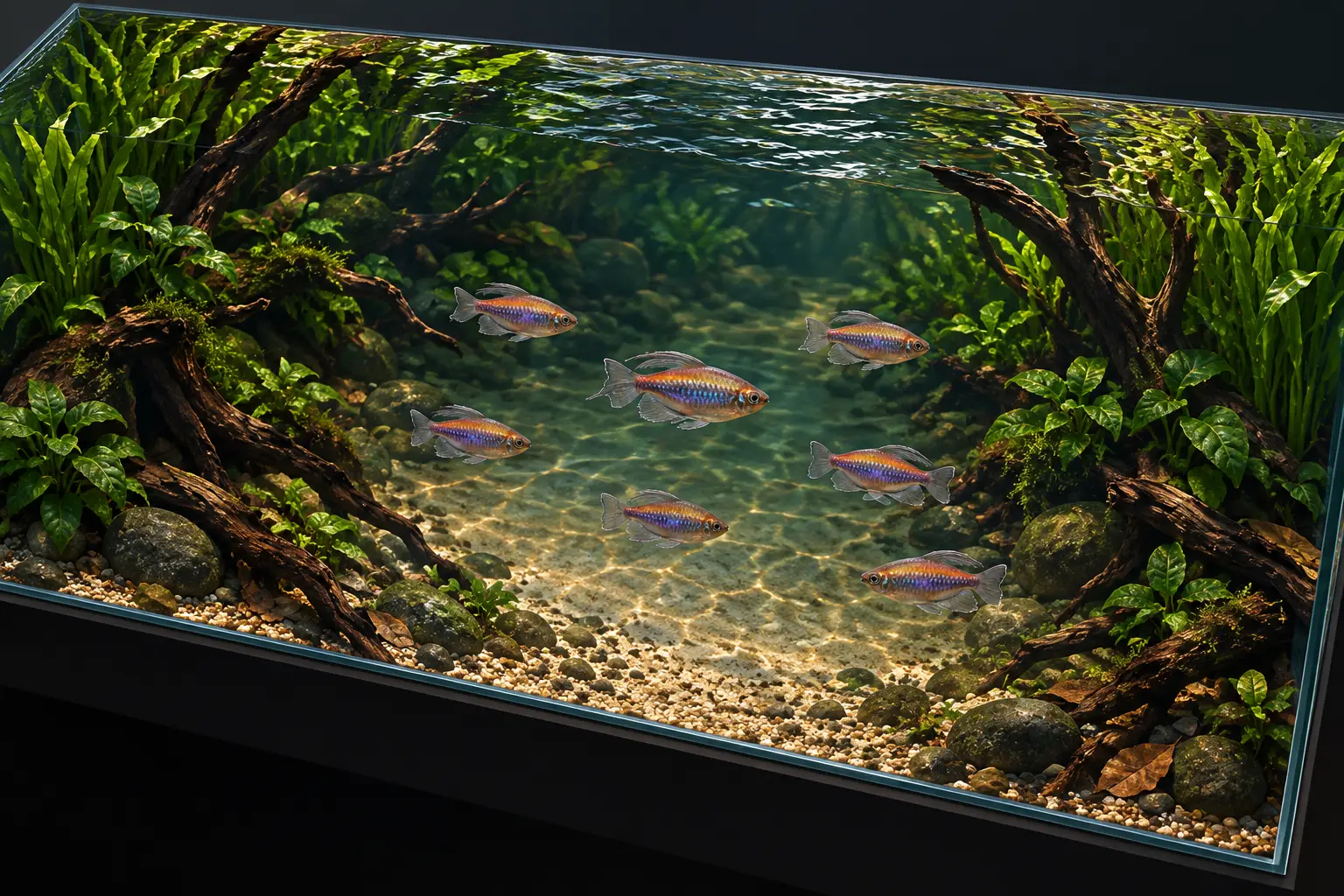 Oblique raster layout of a long Congo tetra aquarium with a wide central swimming corridor