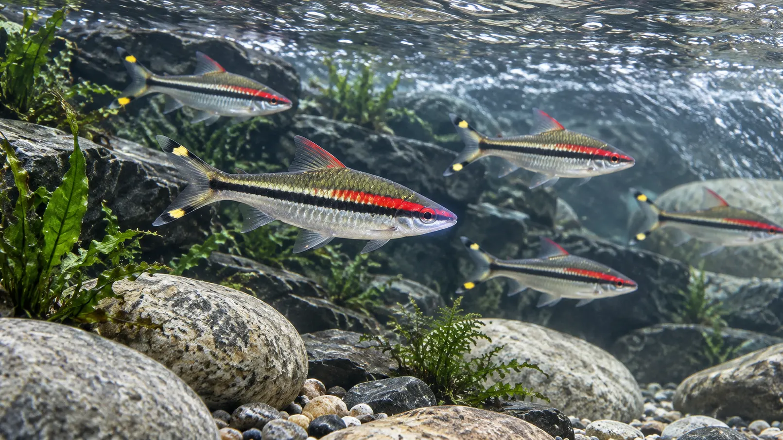 Adult Denison barbs swimming through a rocky hillstream aquarium
