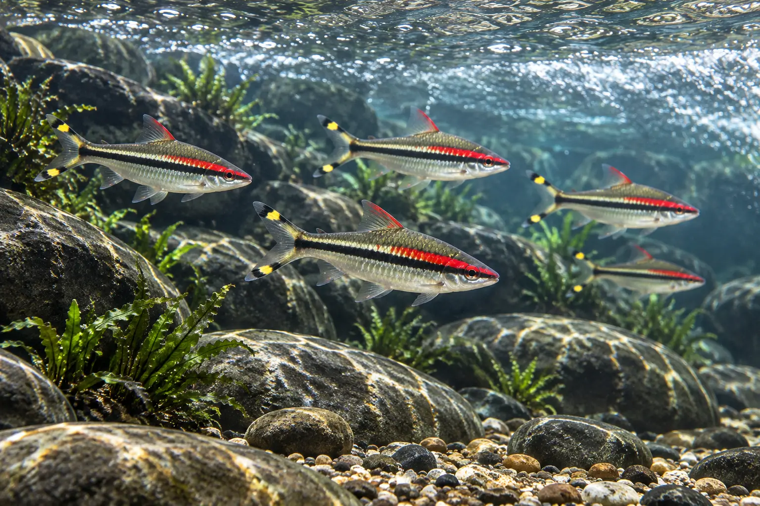 School of Denison barbs showing red and black stripes in a high-flow rocky aquarium