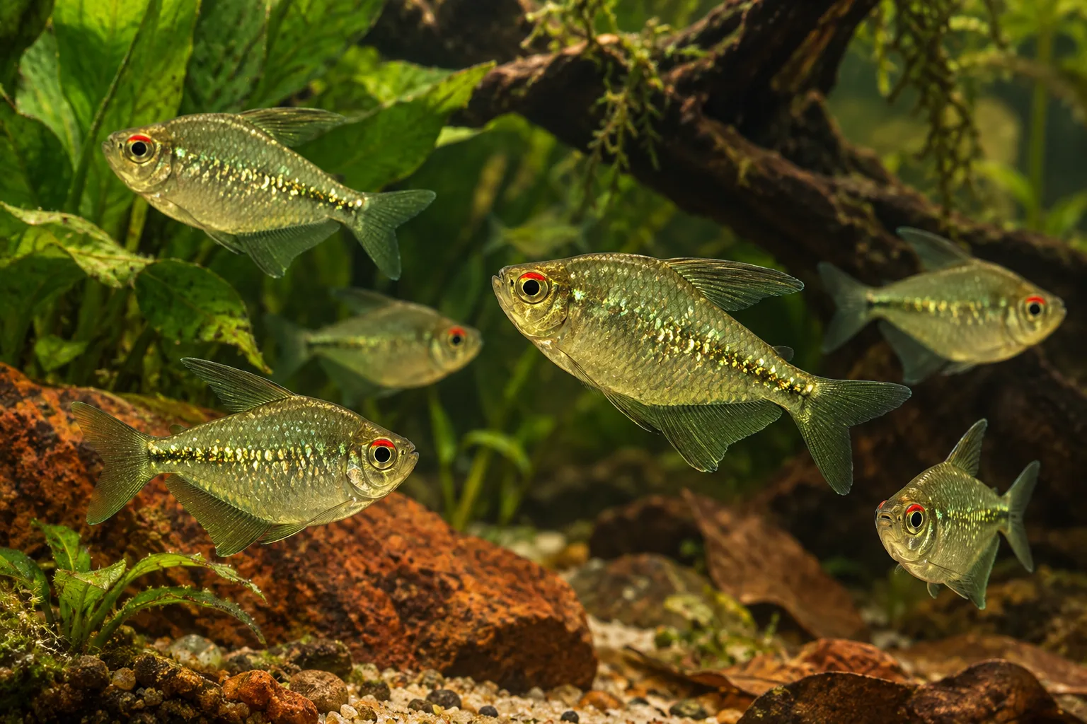 Diamond tetras with deep silver bodies and reflective scales in a softly lit planted aquarium