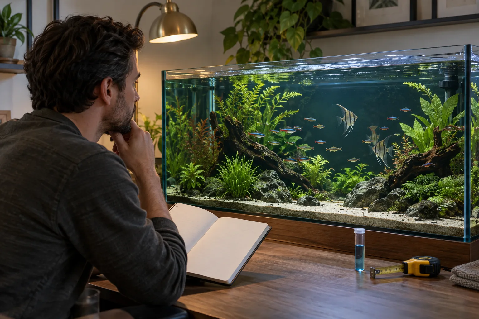 A planted aquarium with schooling fish, open swimming space, cover, filtration, and surface movement
