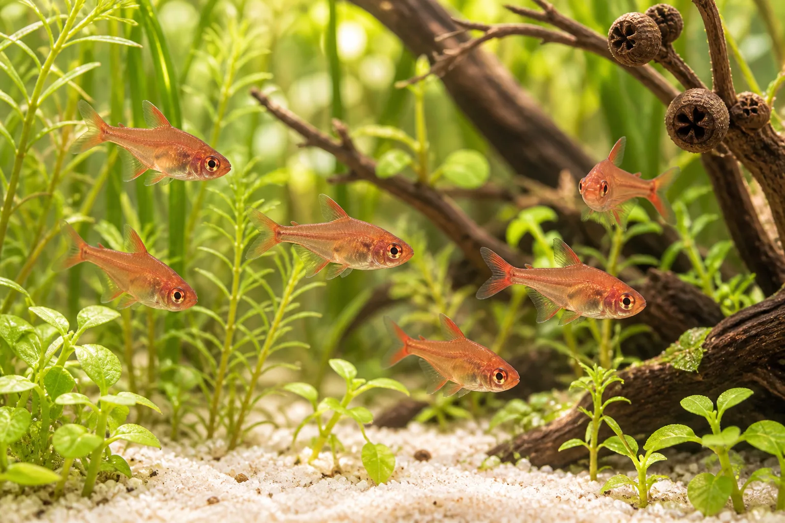 Small school of translucent orange ember tetras above pale sand and fine plants