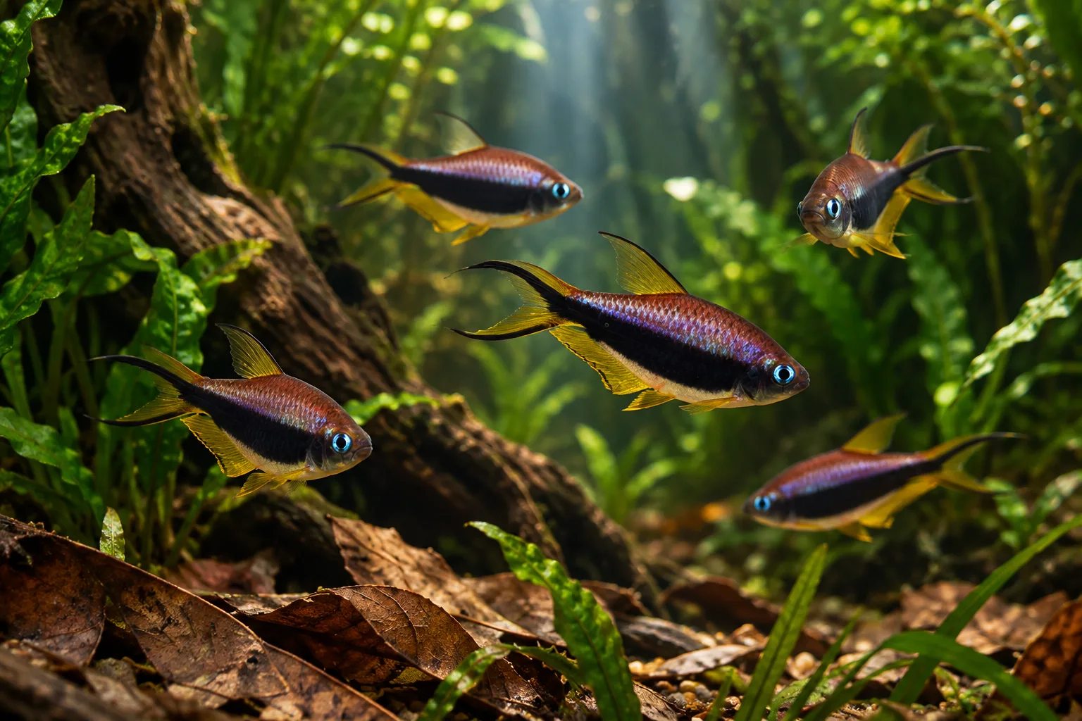 Emperor tetras showing dark lateral stripes and blue-violet sheen in a forest-creek aquarium
