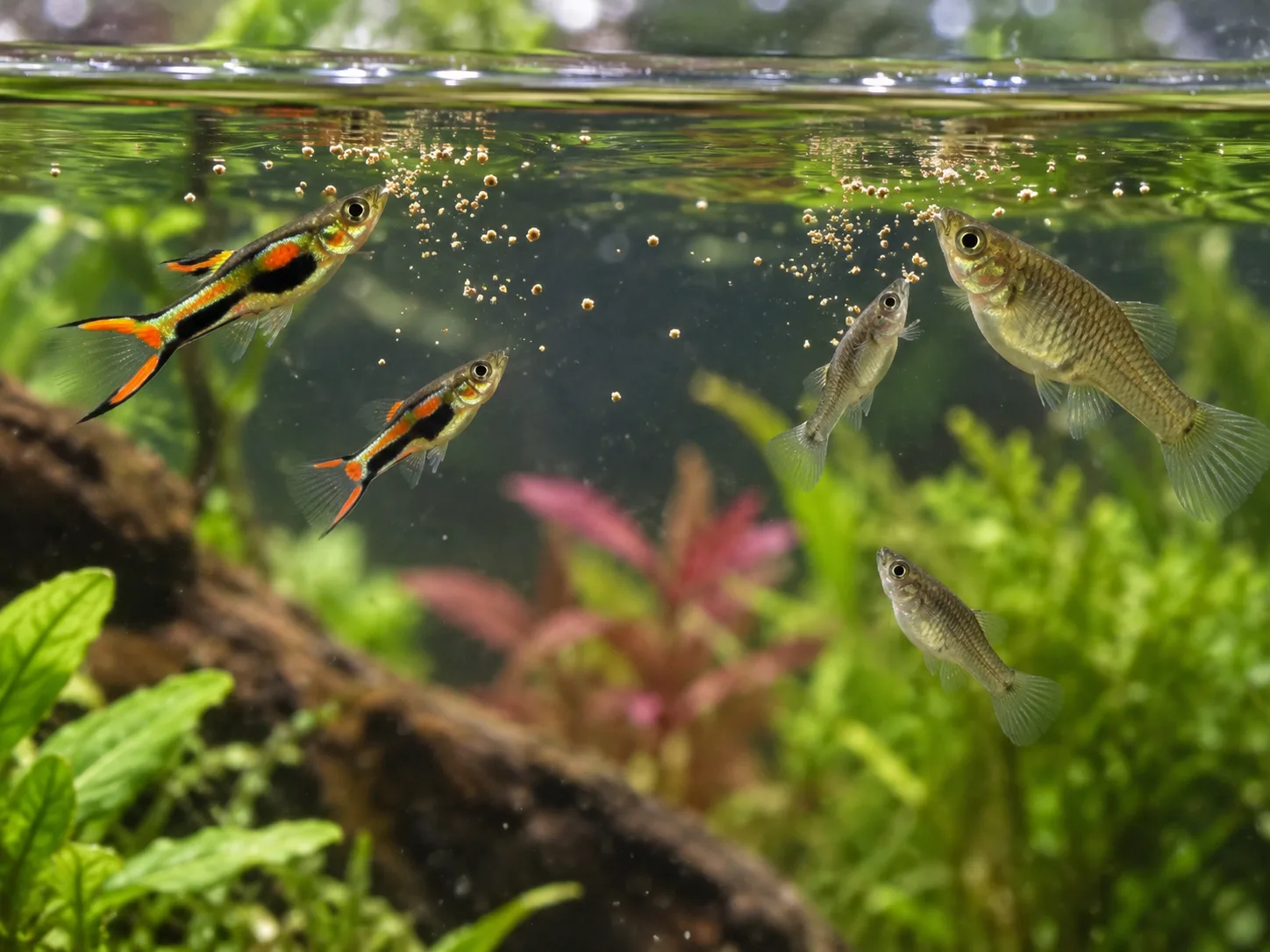 Small Endler-like livebearers taking fine food from two separate surface feeding zones
