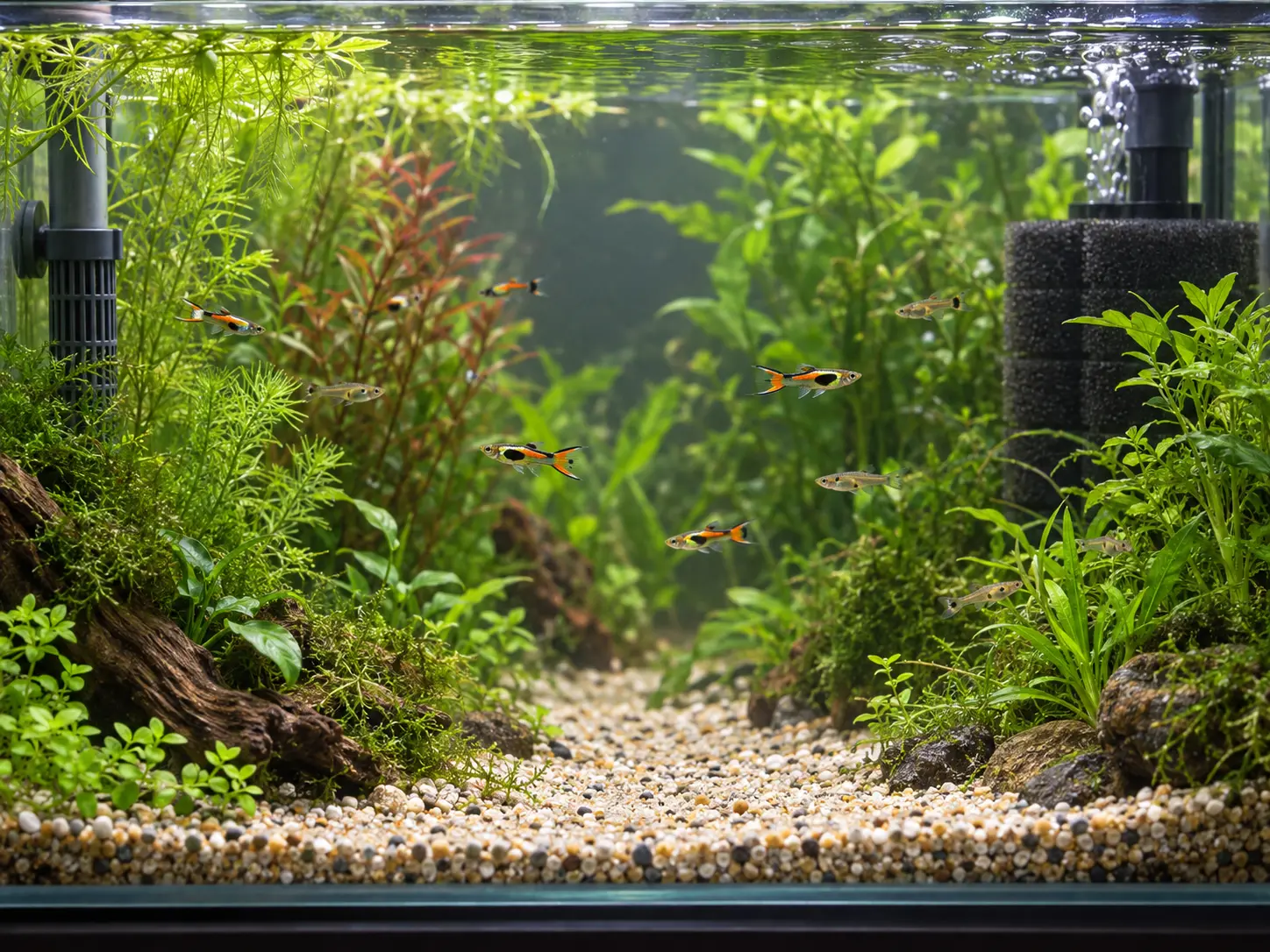 Planted Endler aquarium with an open central swimming lane, dense side cover and a sponge filter