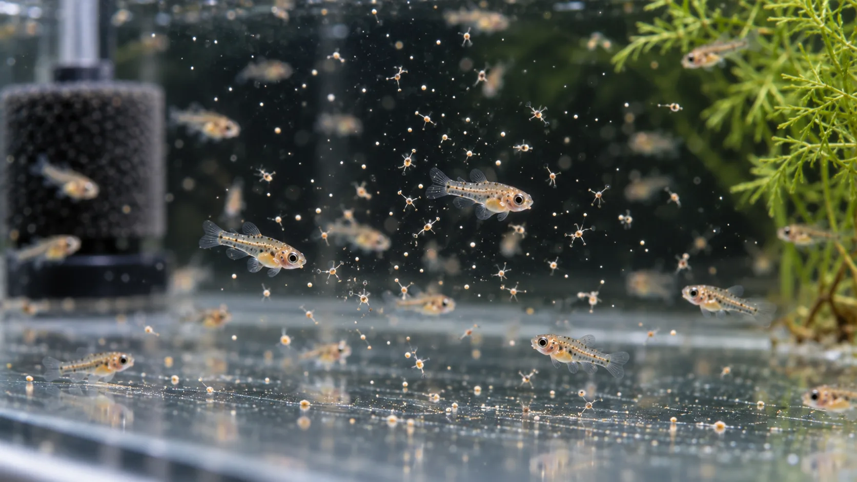 Fine live food distributed through several levels of a shallow fish fry nursery