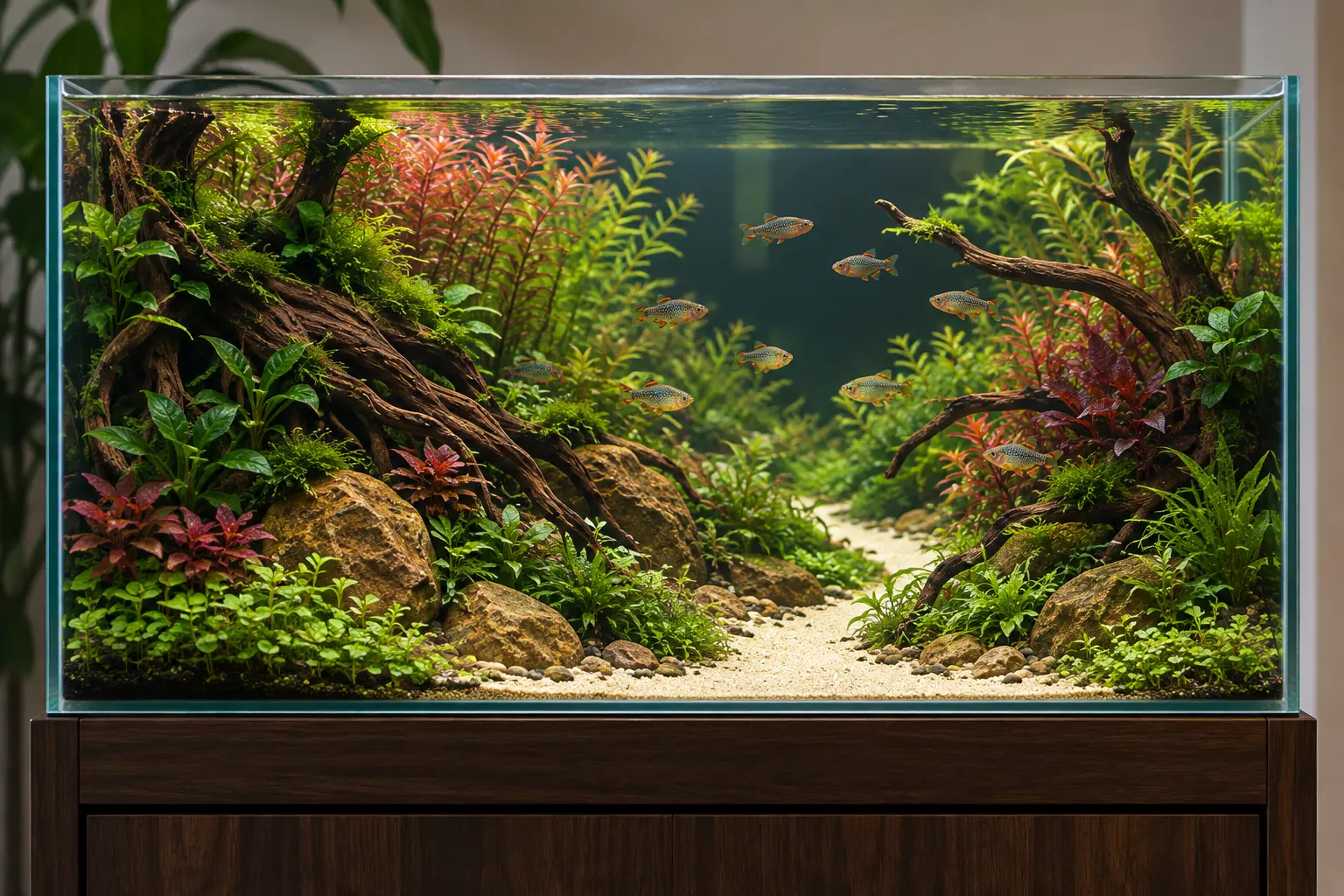 Brazilian-style planted aquarium with dense plant islands, branching roots, a pale sand route and open water for celestial pearl danios
