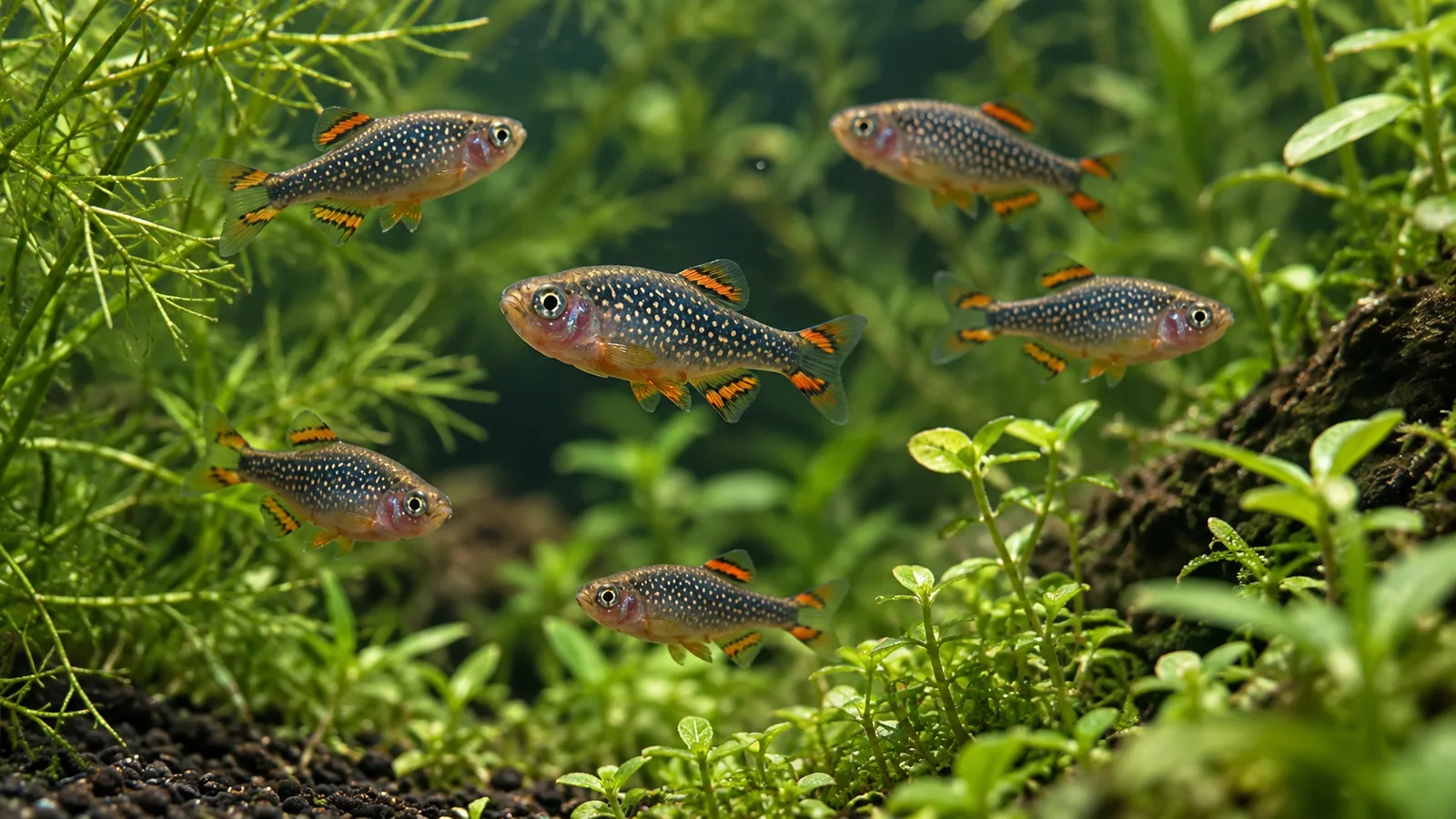 Celestial pearl danios swimming through open water between dense green plants in a mature freshwater aquarium