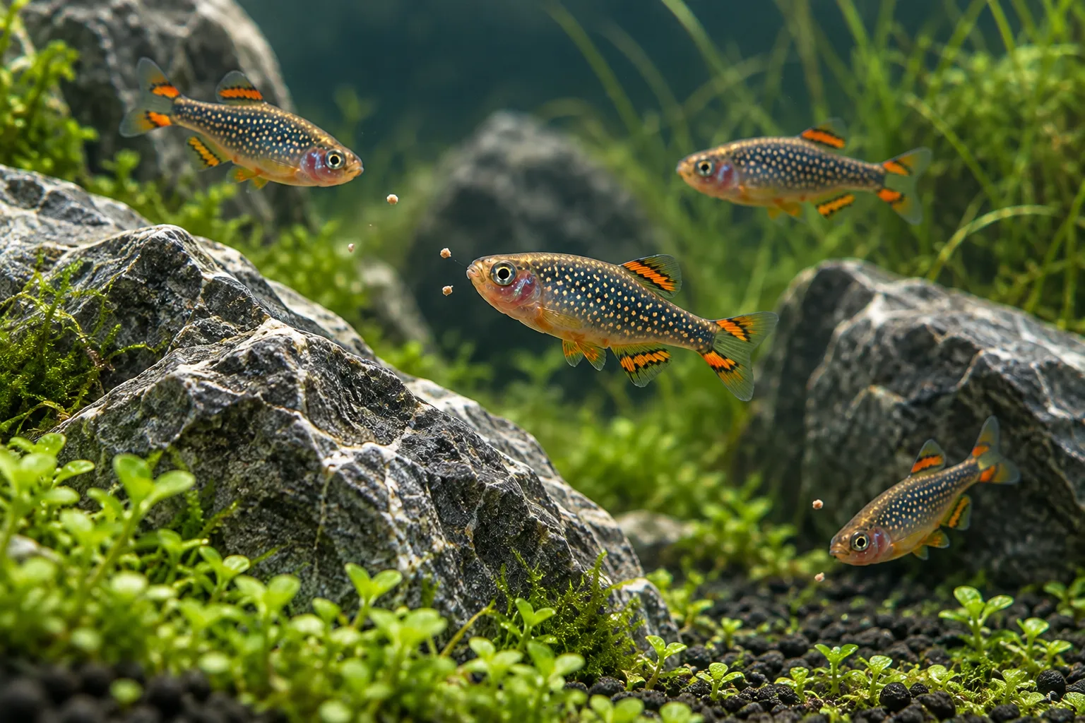 Celestial pearl danios taking tiny food particles above an Iwagumi-inspired gray stone aquascape with carpet plants and rear refuge