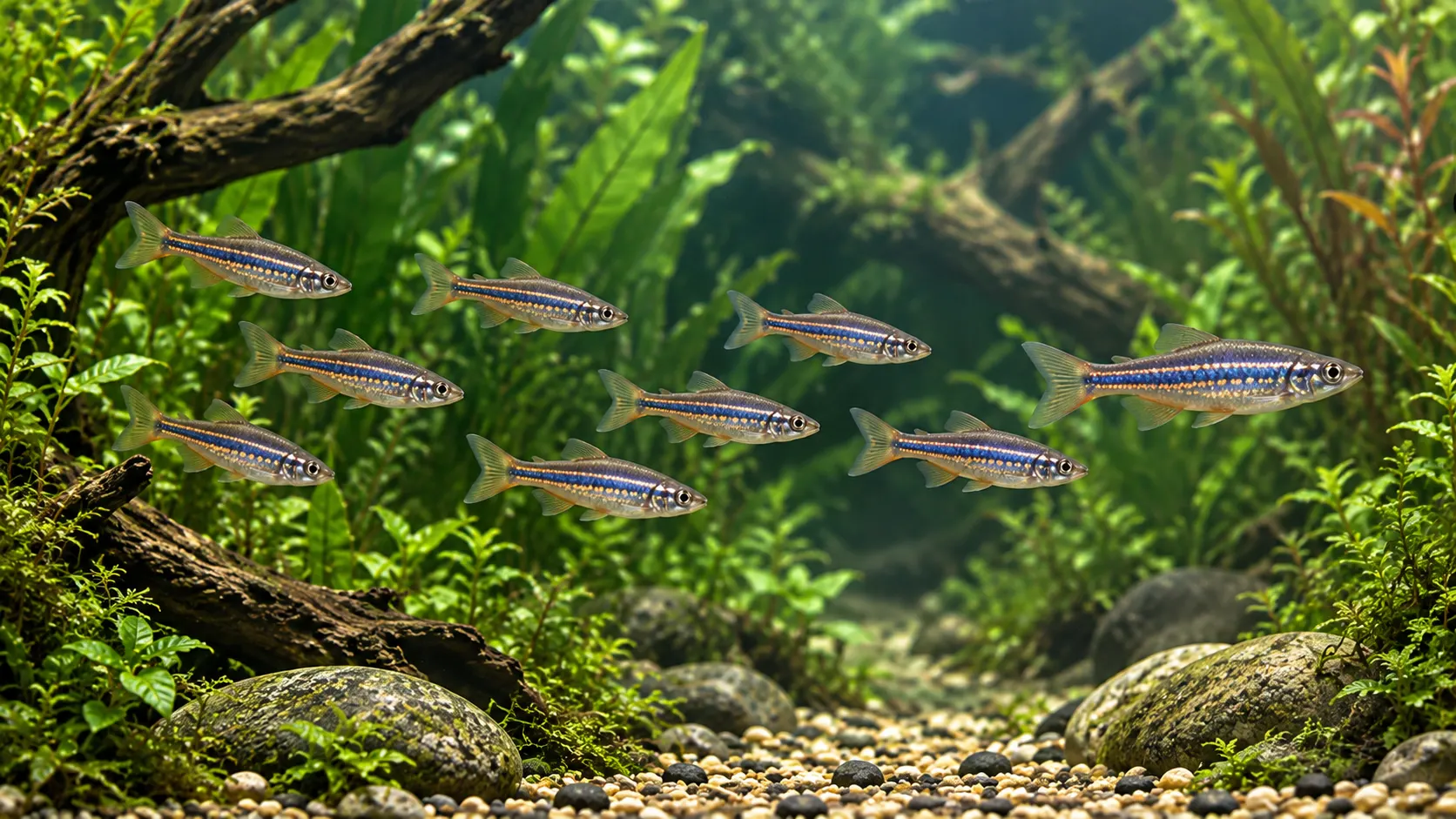 A school of adult giant danios swimming through a long planted current lane