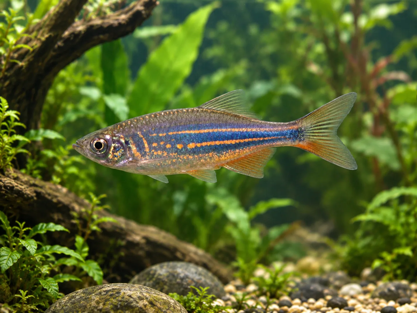 Adult giant danio swimming side-on in a planted aquarium, showing its forked tail and blue-orange horizontal flank pattern