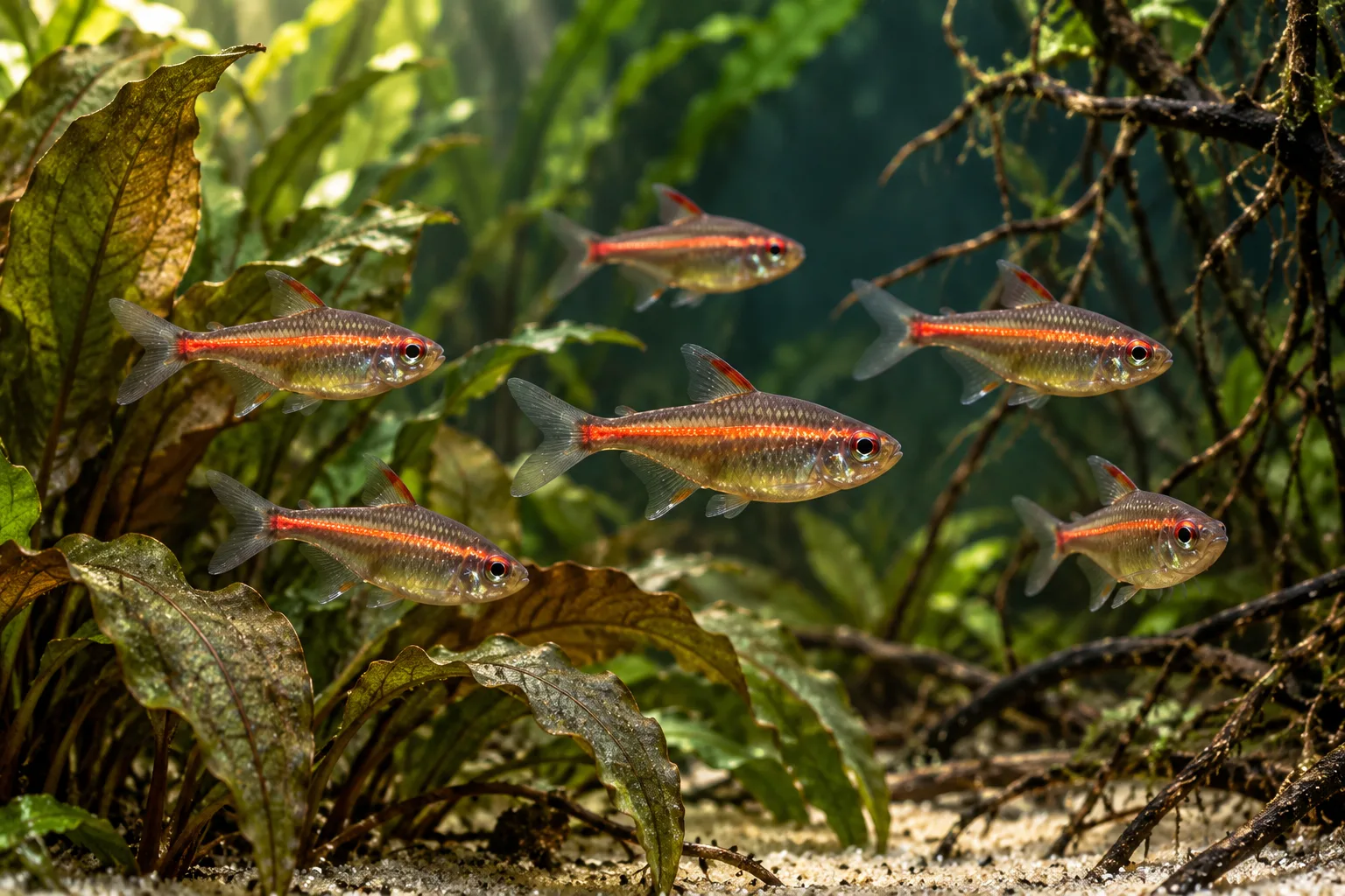 Adult glowlight tetras showing their compact slender body proportions beside broad aquarium plant leaves and fine roots