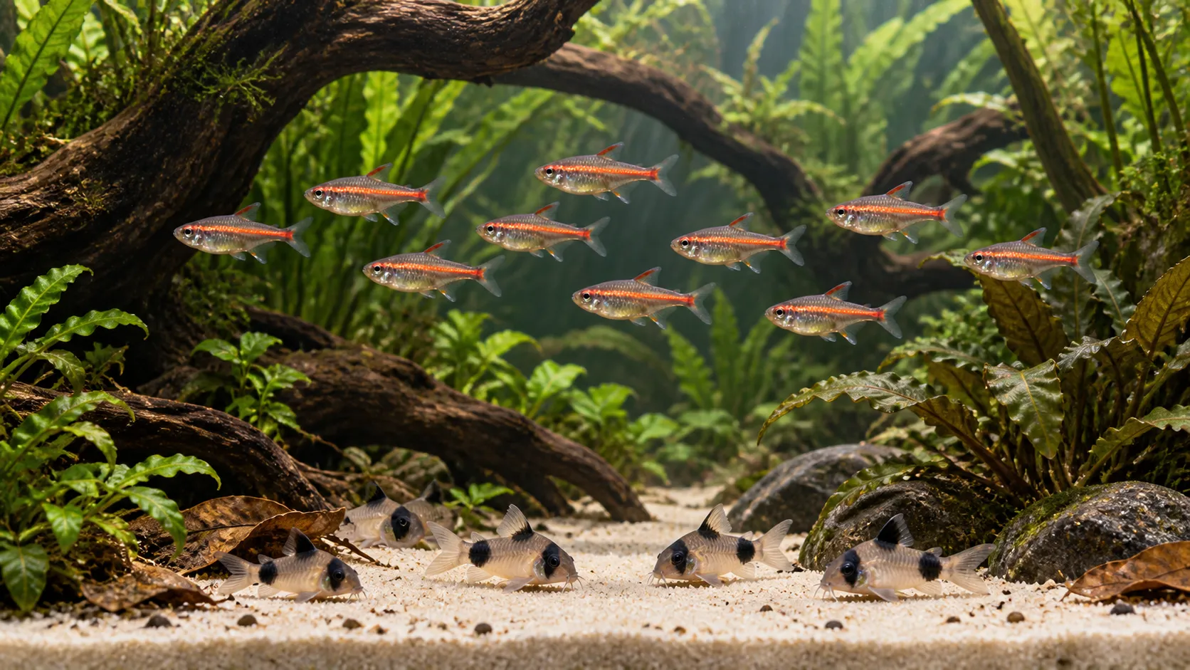 Glowlight tetras schooling in the middle of a planted aquarium while panda corydoras forage together on open sand below