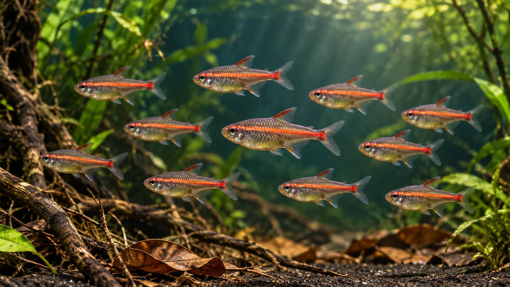 A school of glowlight tetras with orange-red lateral stripes swimming above dark sand, leaf litter, roots, and green plants