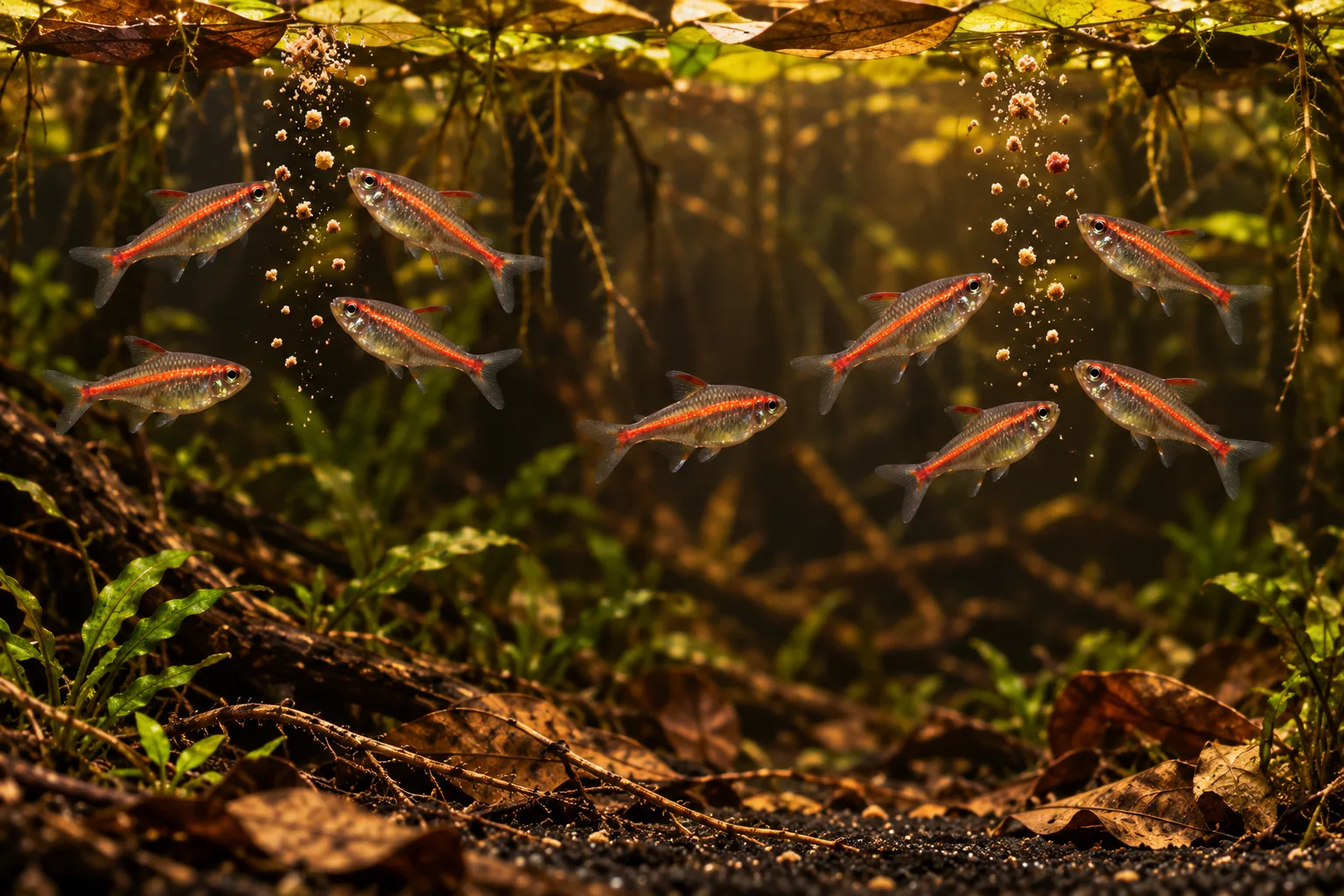 A school of glowlight tetras taking tiny food particles from two separated feeding areas beneath floating leaves