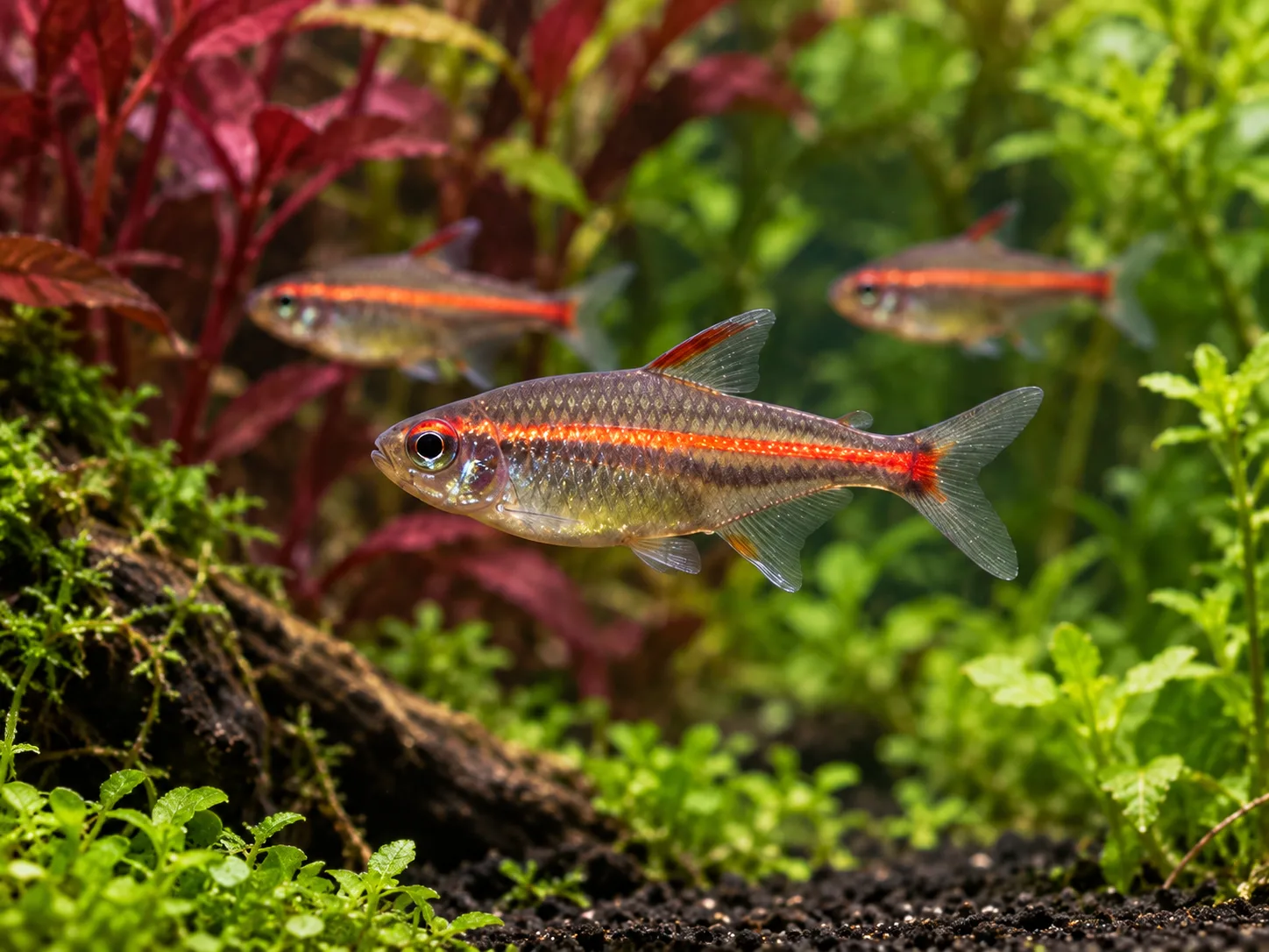 A glowlight tetra in full side view with a translucent silver body, orange-red stripe, red upper iris, clear fins, and a forked tail