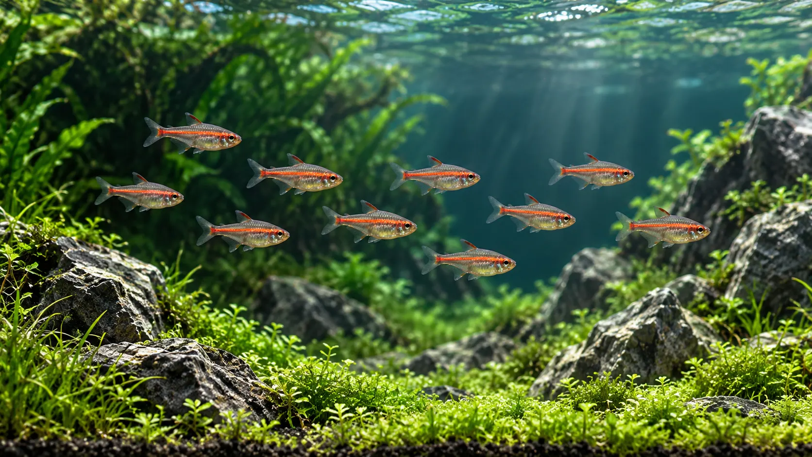 Ten glowlight tetras travelling as a loose school through open water between low grey rocks and planted cover