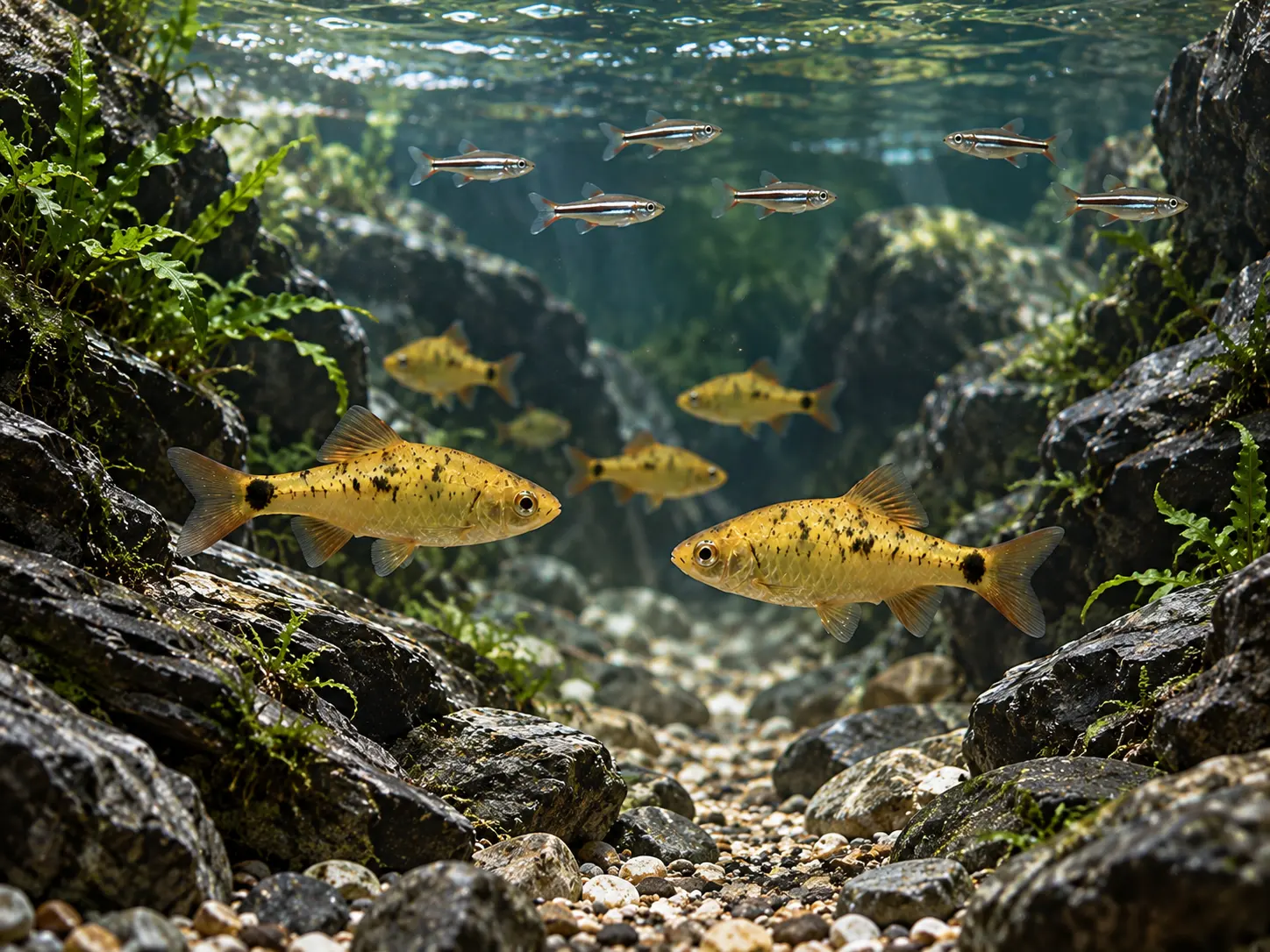 Two gold barbs displaying side by side in a rocky channel while smaller schoolmates and upper-water fish remain behind them