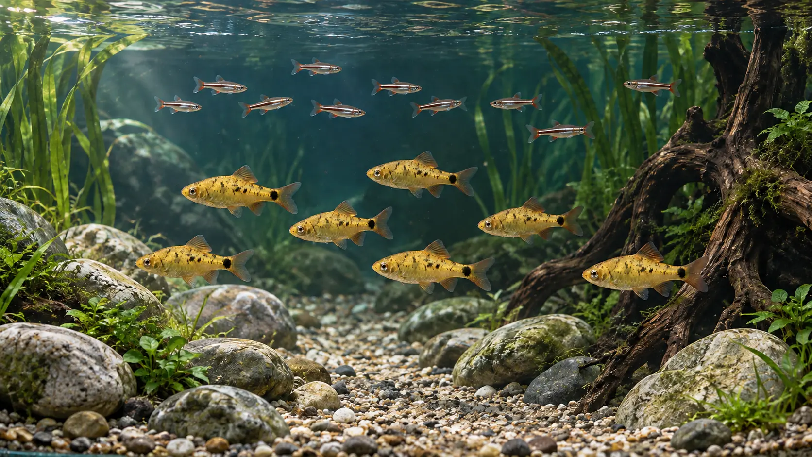 A realistically scaled group of gold barbs sharing a long stony community aquarium with smaller upper-water fish