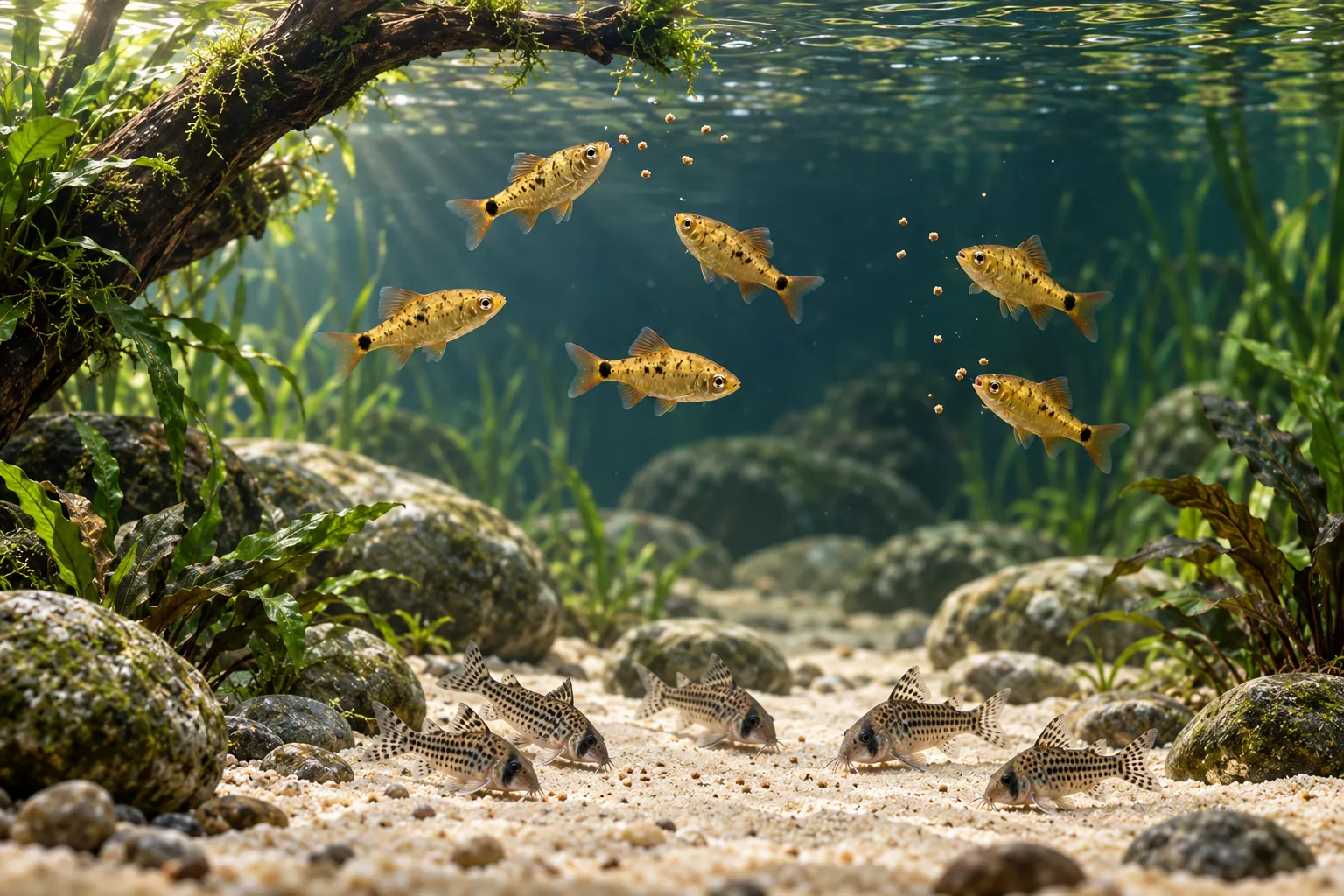 Gold barbs taking small food particles in midwater while a group of bottom-dwelling catfish searches pale sand below an arching branch