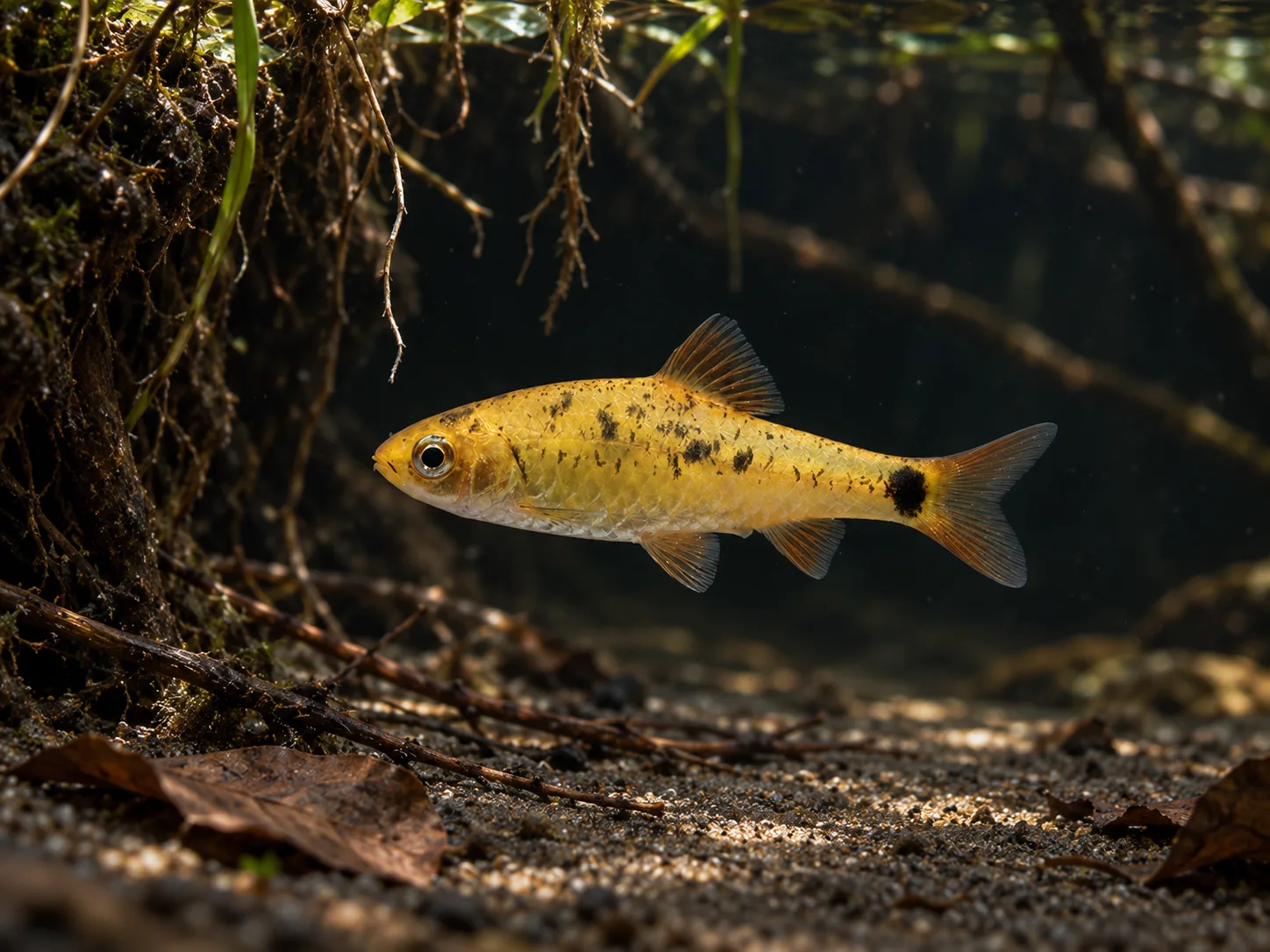 A cultivated gold barb in side view above dark sand, leaves, fine roots, and submerged twigs