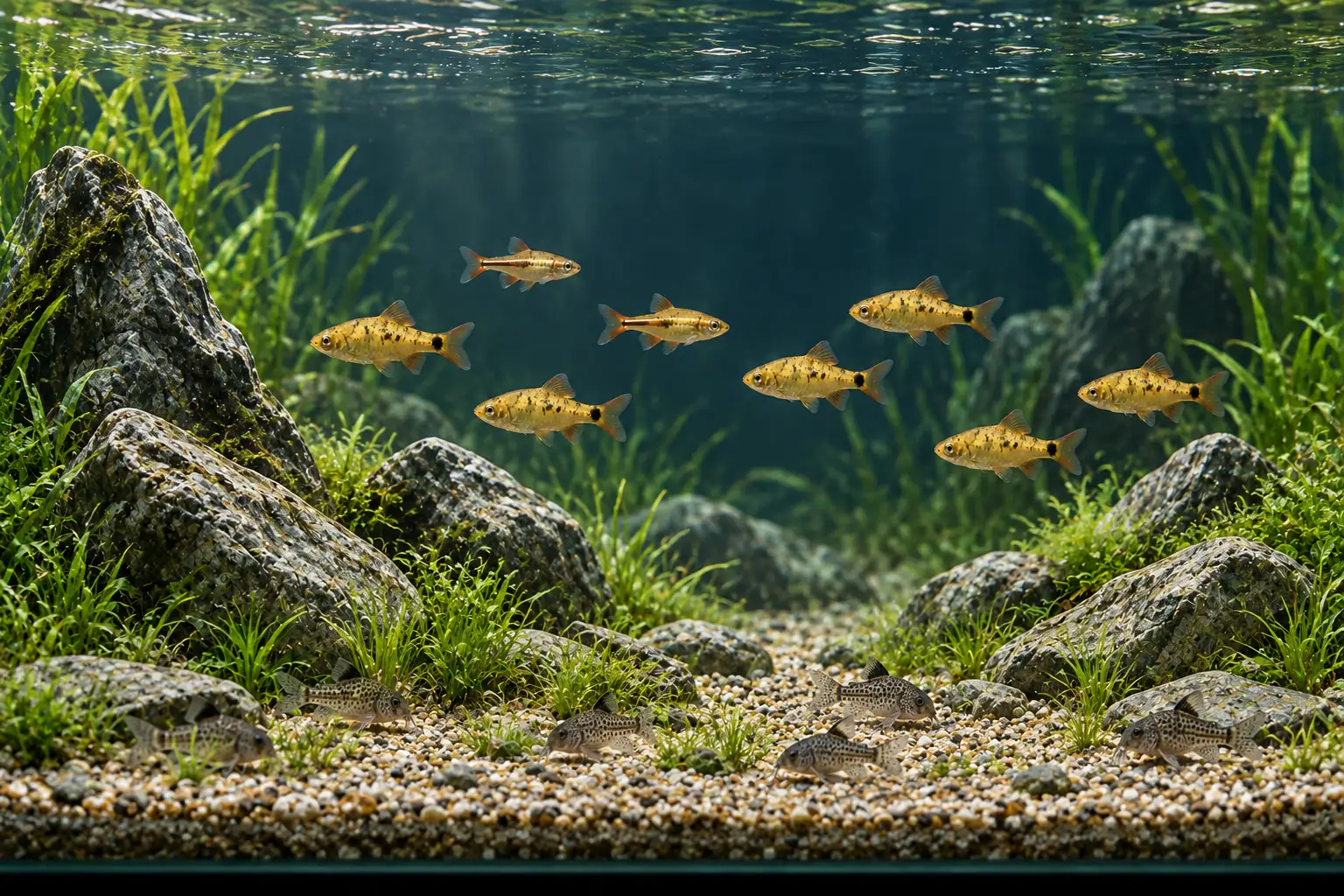 Gold barbs using open water above a low stone aquascape while a group of small bottom-dwelling catfish searches the substrate