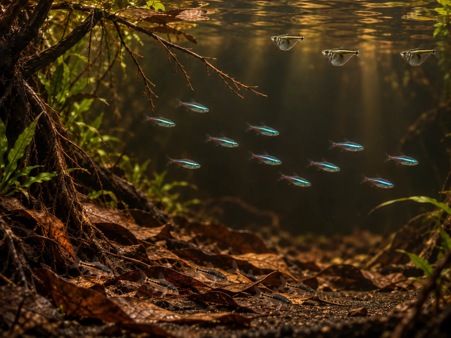 Green neon tetras in open blackwater midwater with a small group of pygmy catfish near leaf litter and a few hatchetfish close to the surface