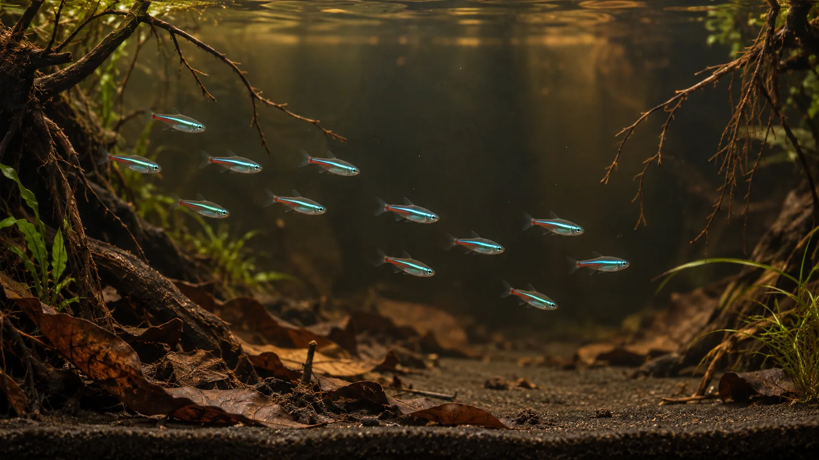 A school of small green neon tetras crossing open blackwater between fine roots and leaf litter