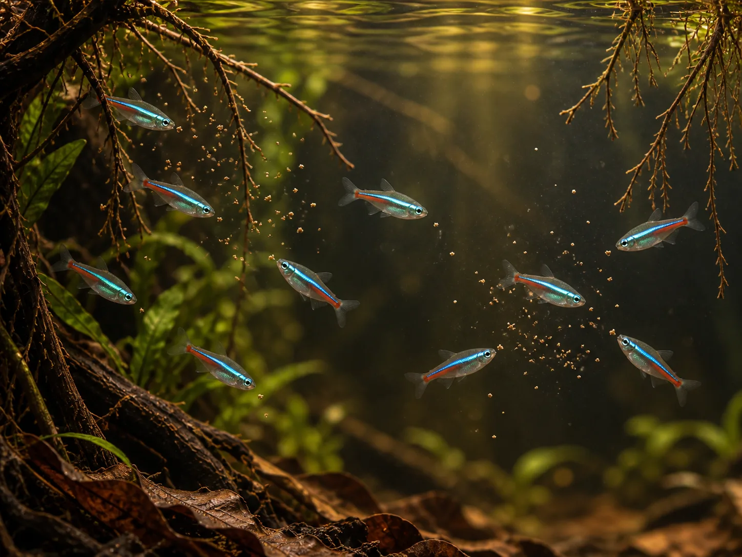 Green neon tetras taking tiny food particles in midwater beneath fine roots, with the school spread across two feeding areas