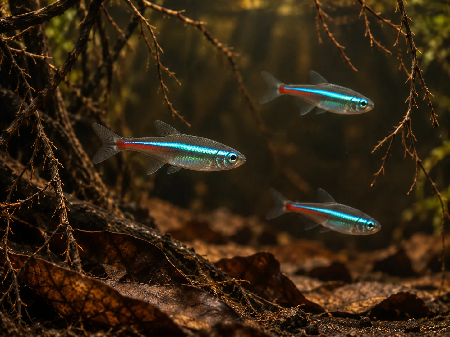 A small green neon tetra in side view above dark leaf litter and fine roots, showing a blue-green stripe and limited red near the tail
