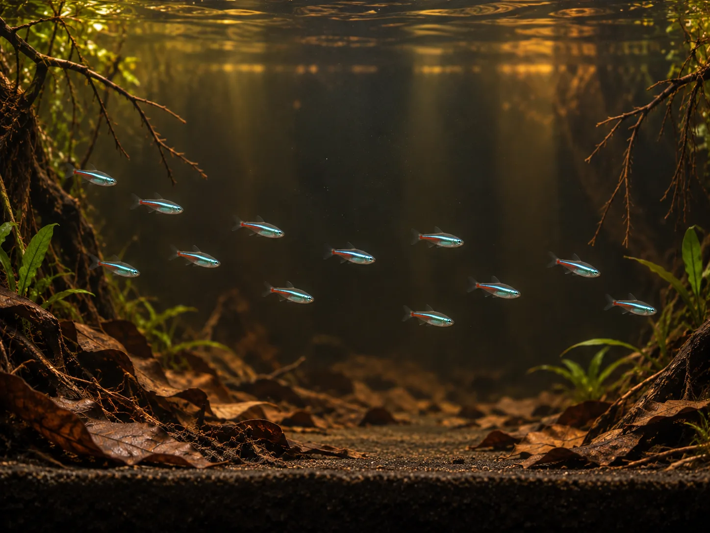 A school of twelve green neon tetras crossing a dark open swimming lane between leaf-litter margins in a long aquarium